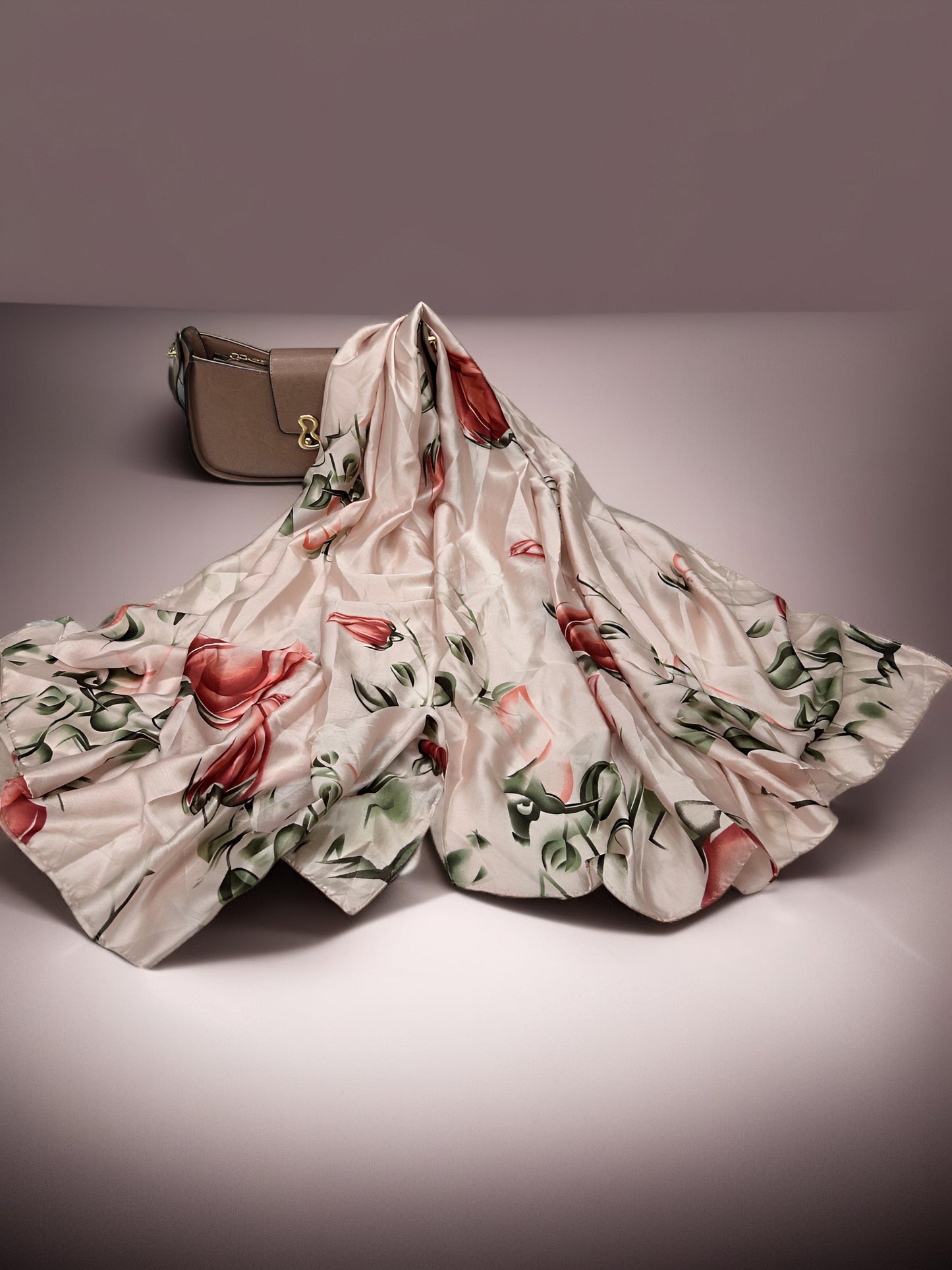 Large Satin Silk Scarf - Baby Pink Tulips