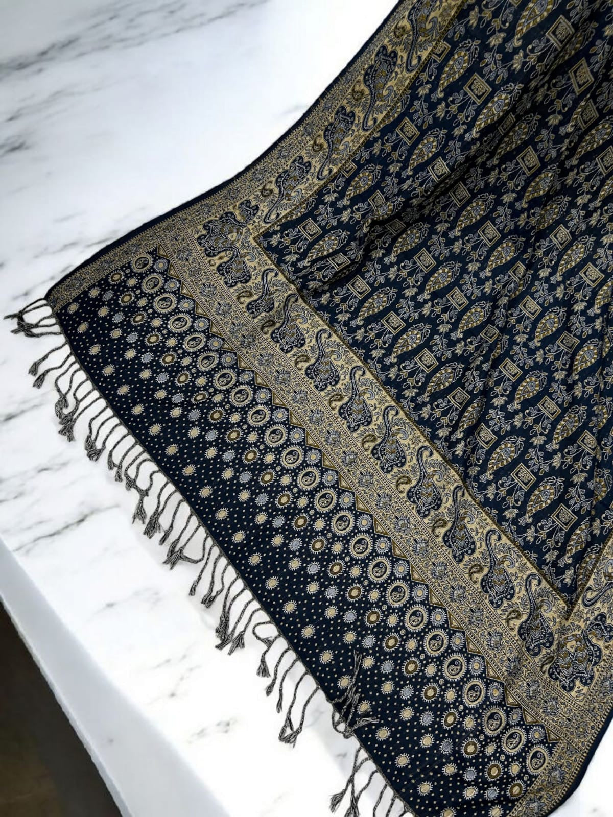 Dotted Paisley Pashmina Shawl - Navy Blue Ice