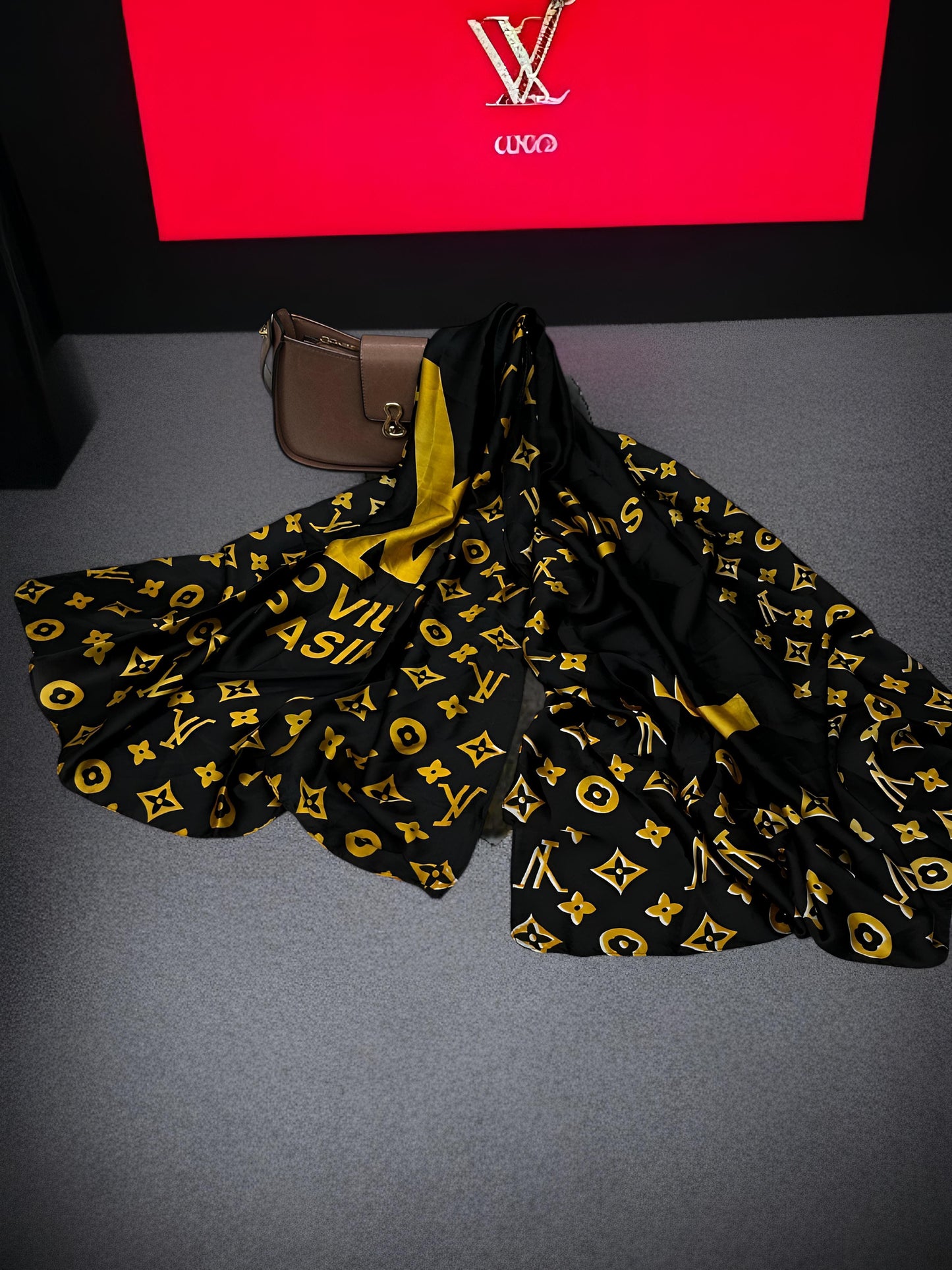 Large Satin Silk Scarf - Black Yellow LV
