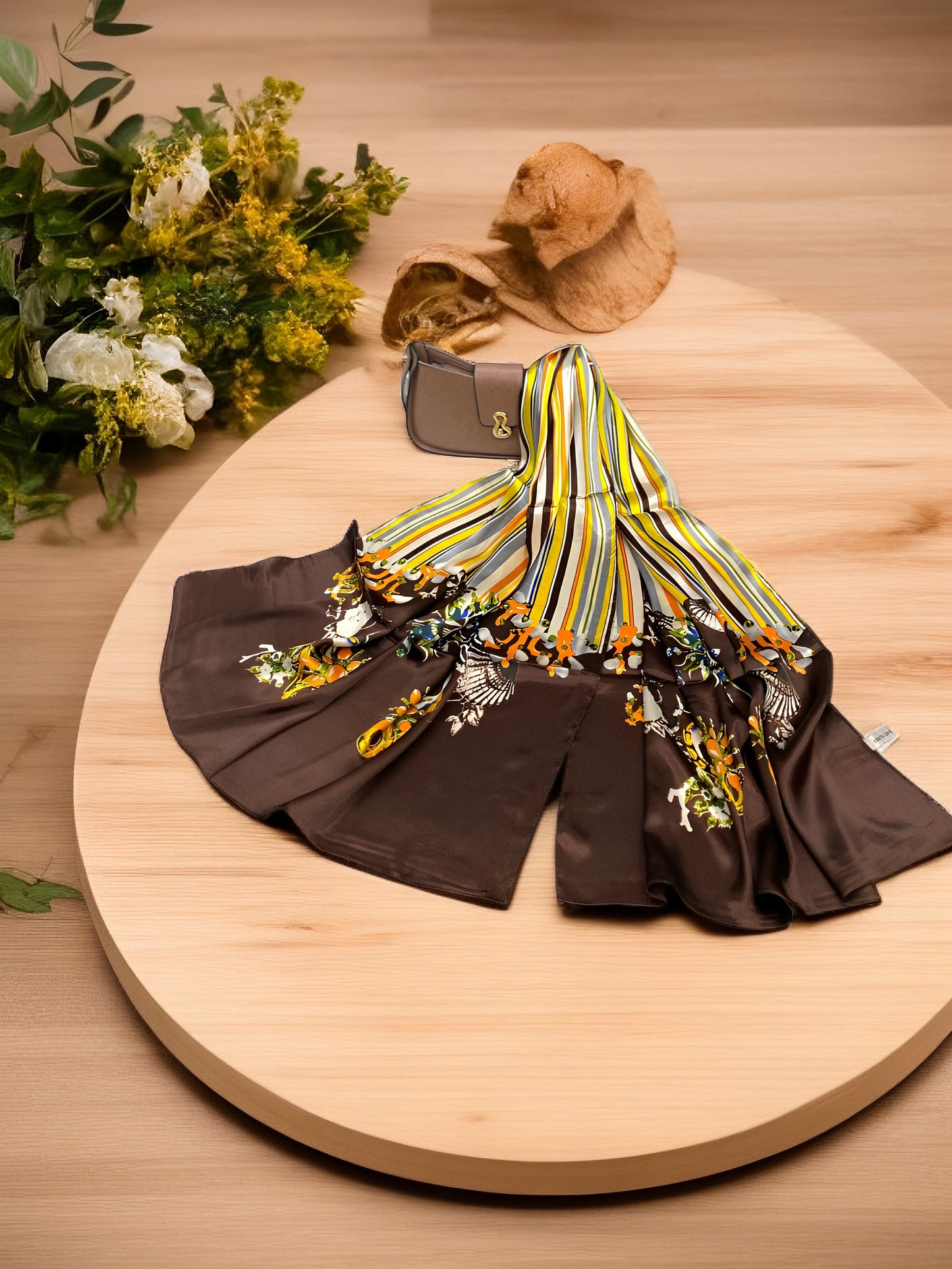 Large Satin Silk Scarf - Yellow Chocolate