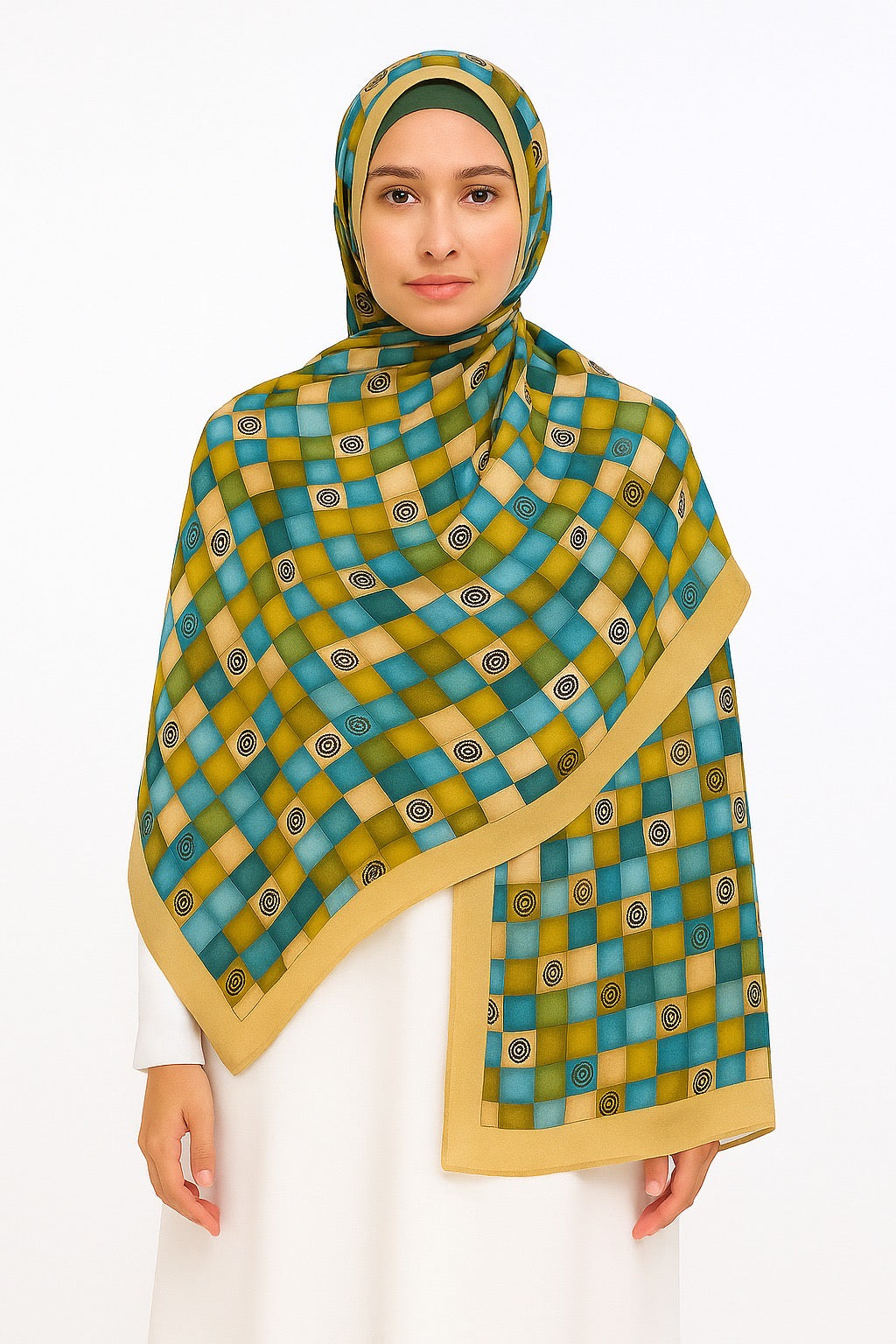 Large Satin Silk Scarf - Teal Gold Squares