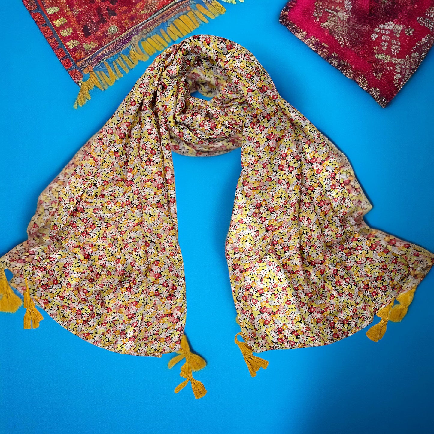 Yellow Mustard Cutesy Floral Printed Modal Hijab