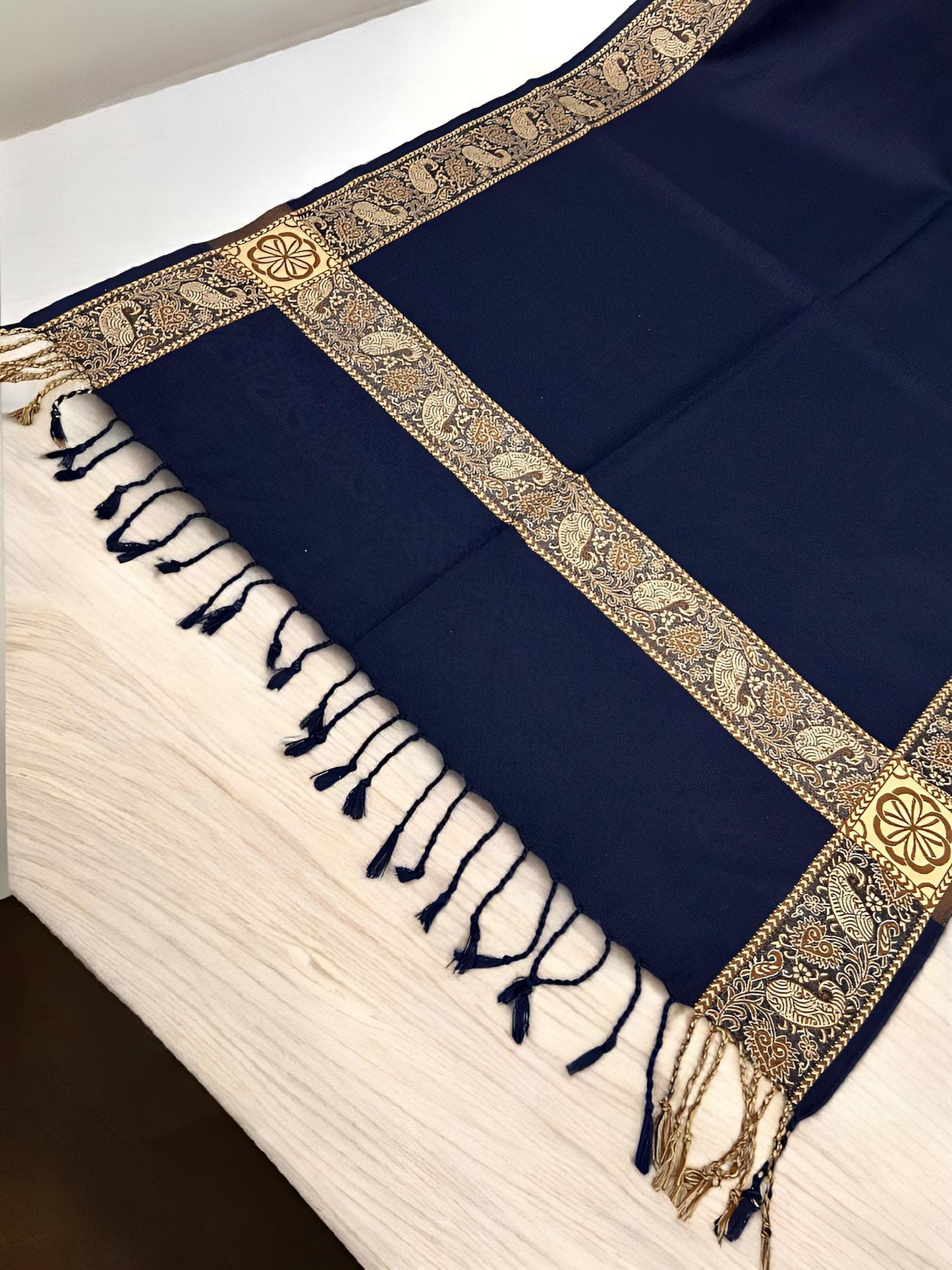 Navy Blue Beige Border Paisley Pashmina Hijab