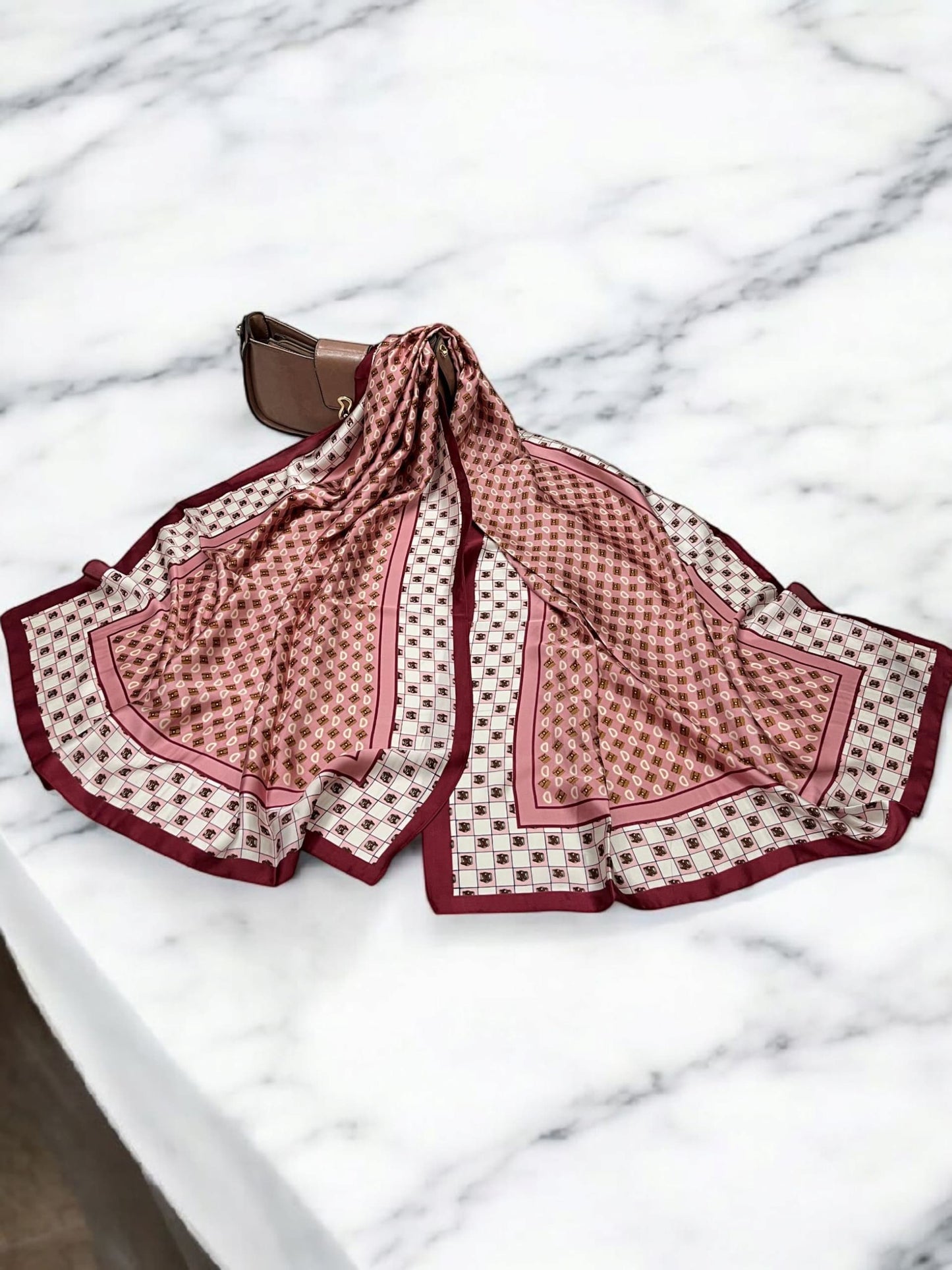 Large Satin Silk Scarf - White Raspberry Dotted Lines