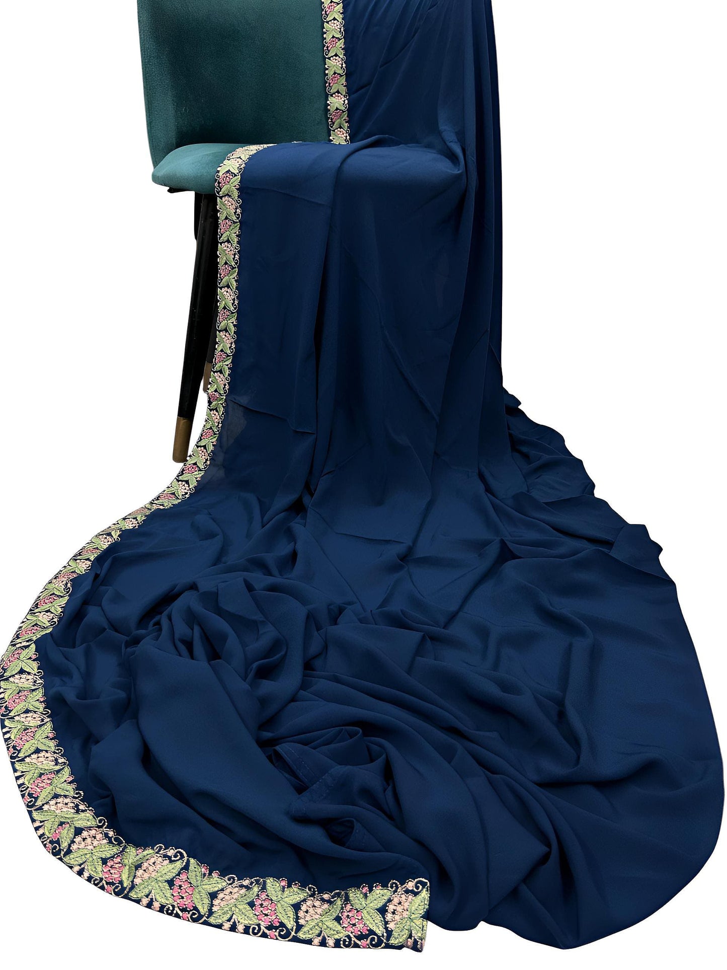 Luxury Royal Blue Floral Border Korean Shaal