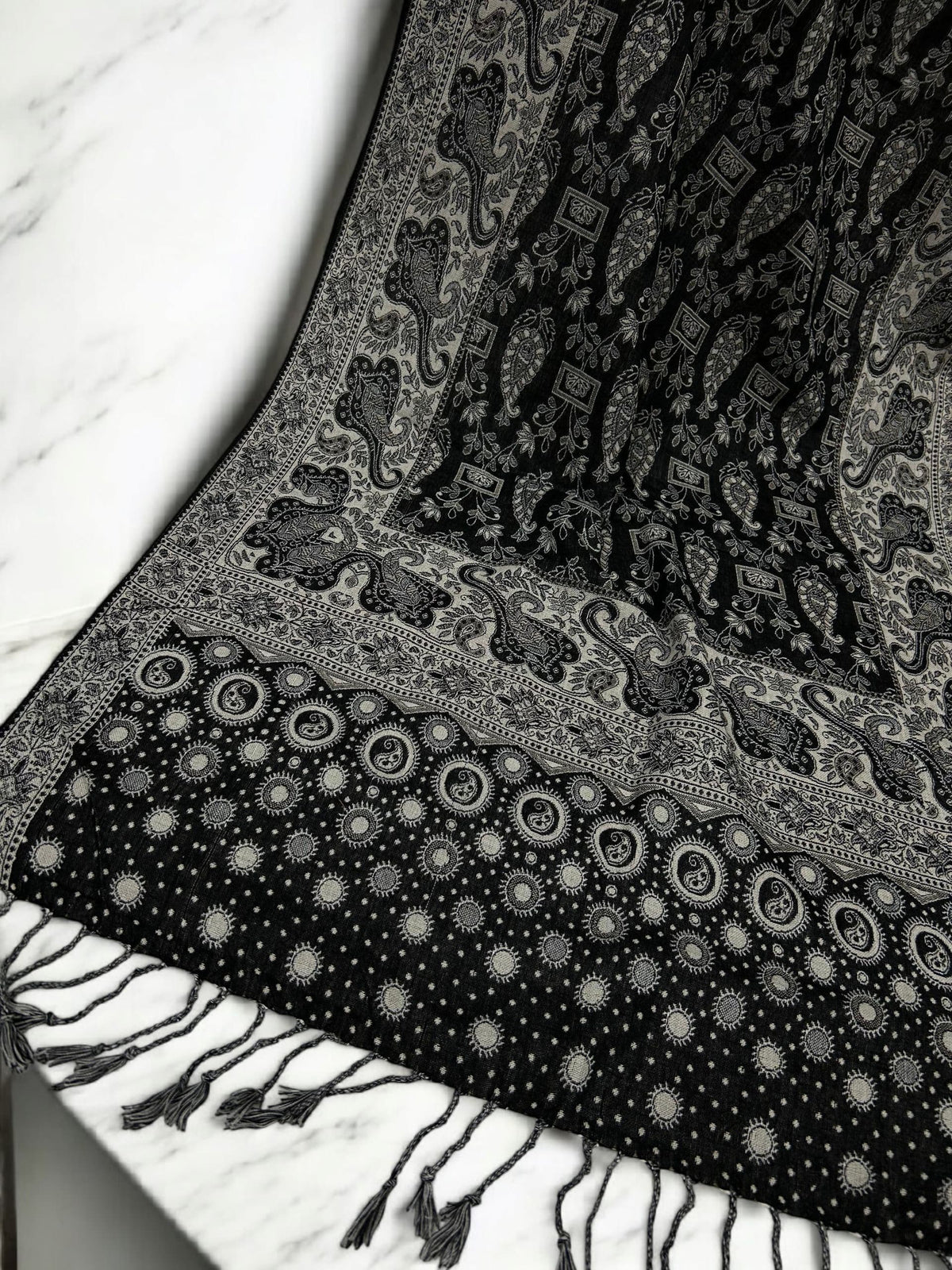 Black Grey Creamy dotted two-tone Paisley Pashmina Hijab