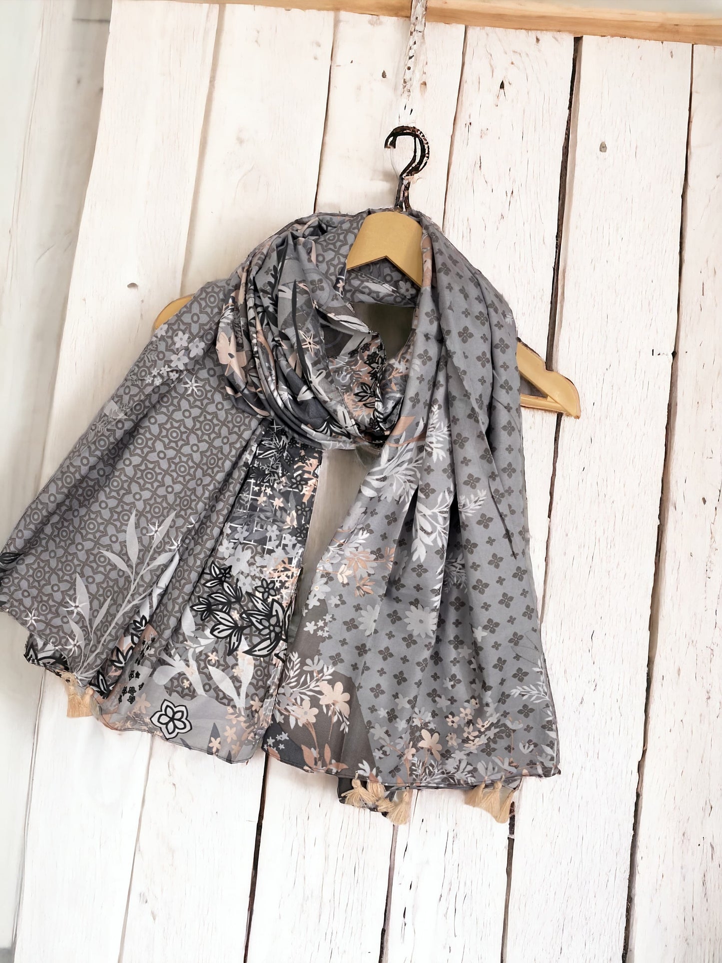 Grey Nude Floral Printed Lawn Hijab