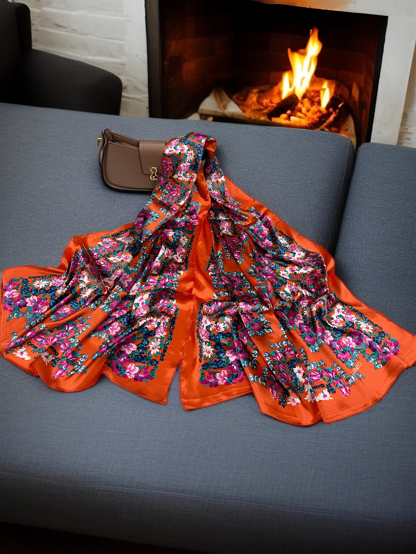 Large Satin Silk Scarf - Orange Floral