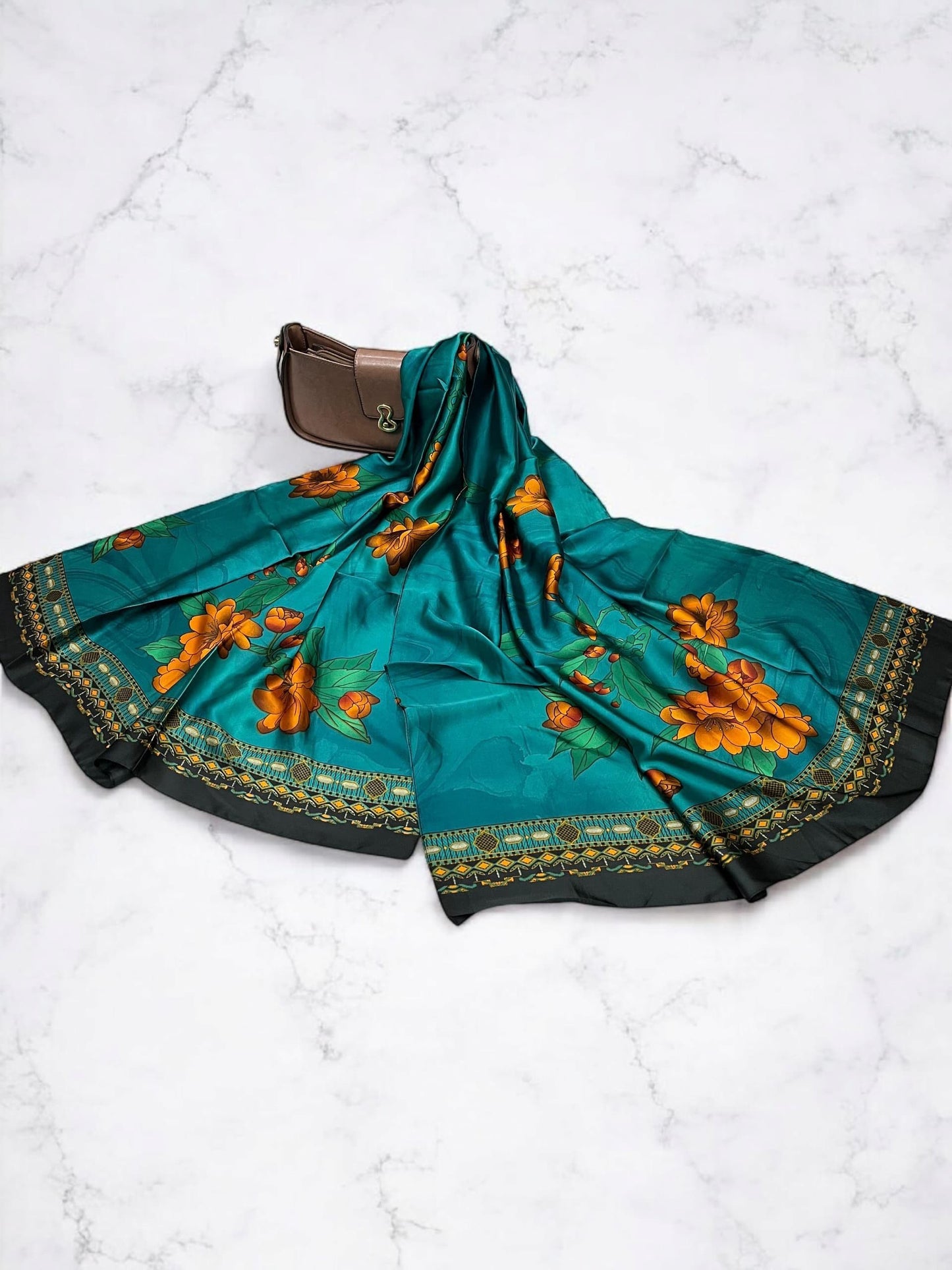 Large Satin Silk Scarf - Zinc Blue Orange Floral