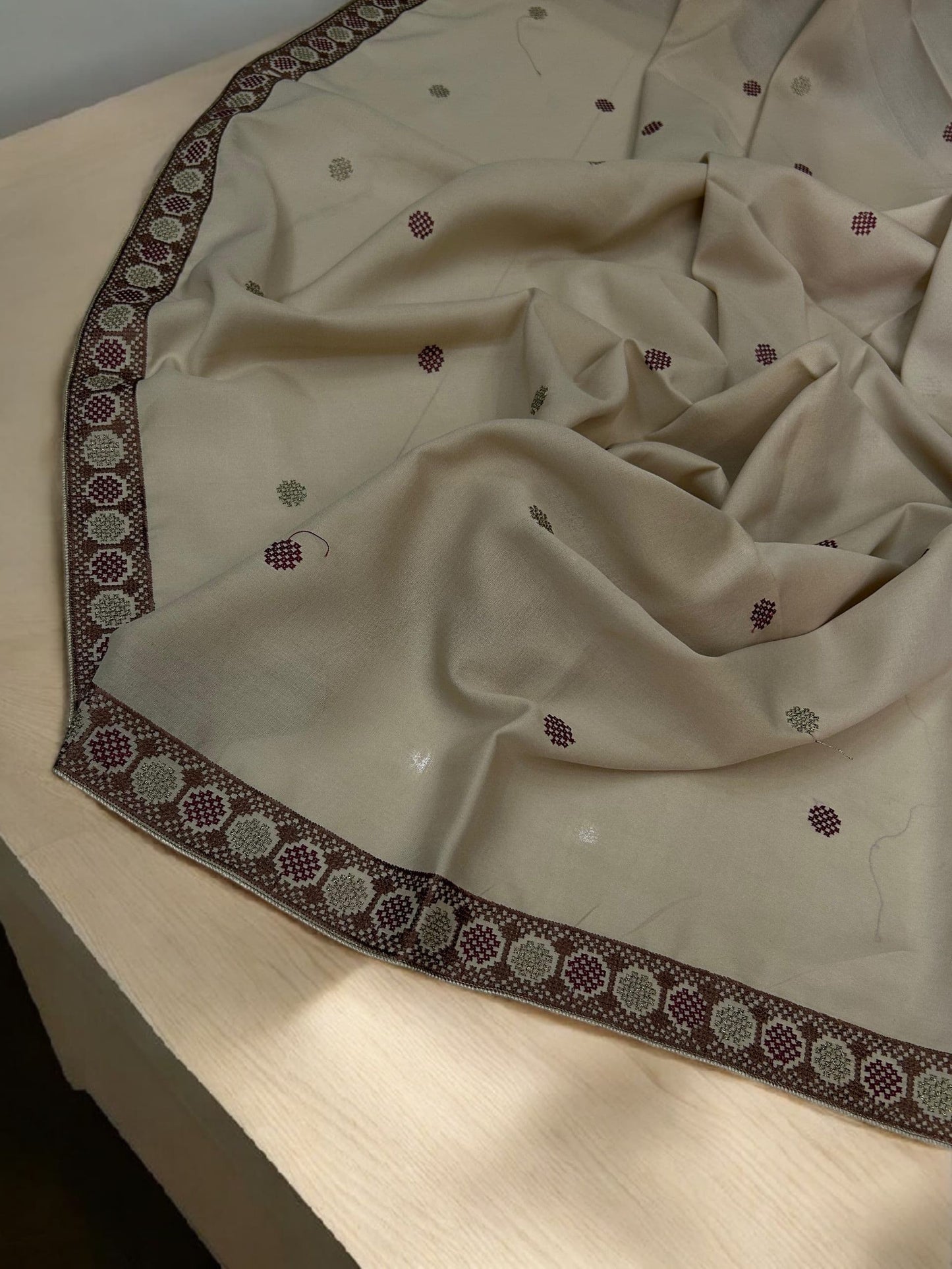 Cream White Beige Circles Fancy Embroidered Shaal