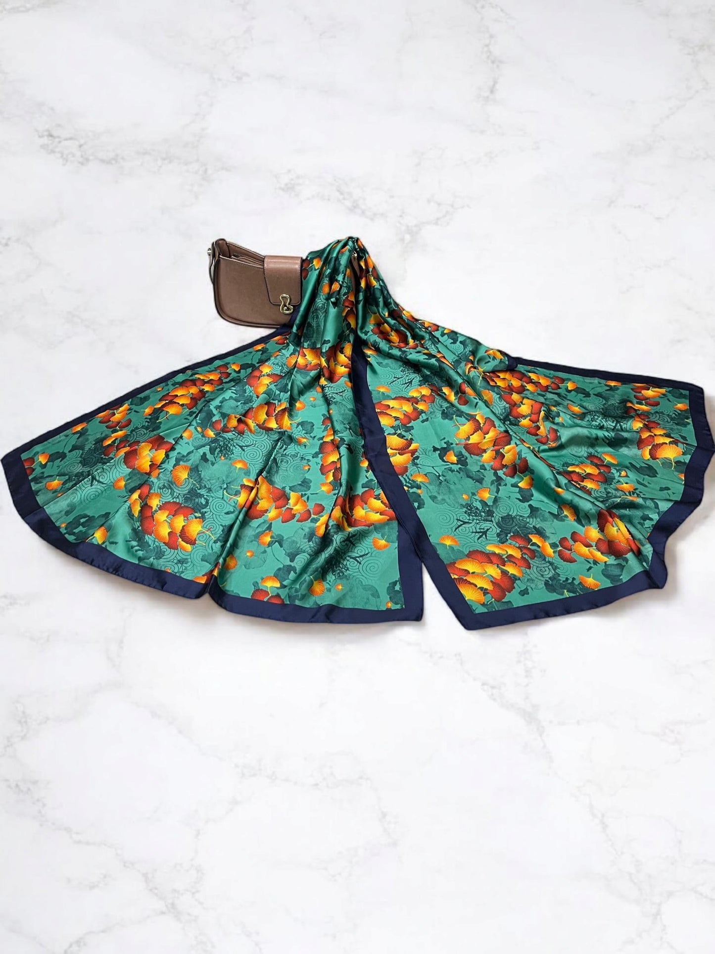 Large Satin Silk Scarf - Teal Green Leaflet