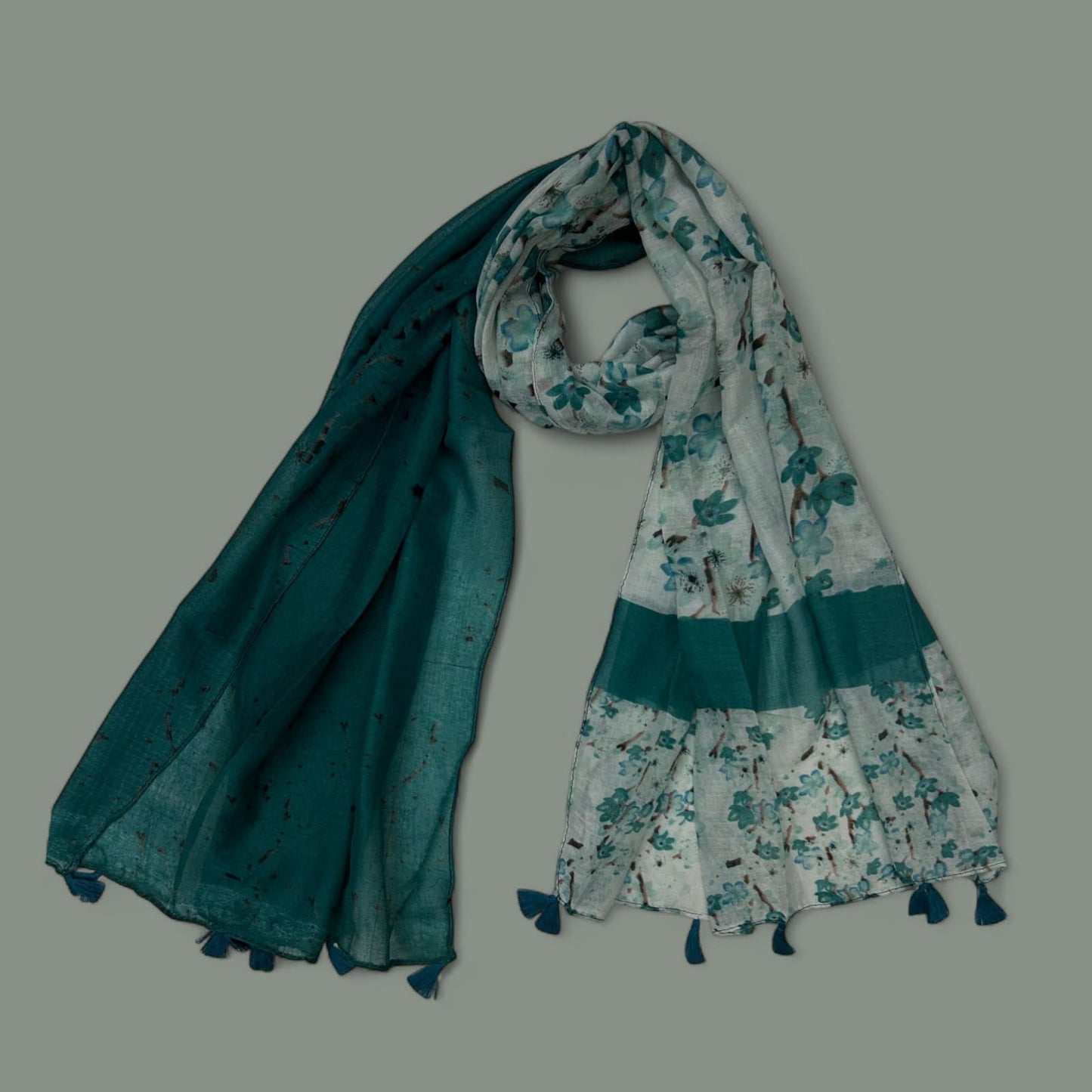 Sea Green Floral Printed Lawn Tassel Hijab