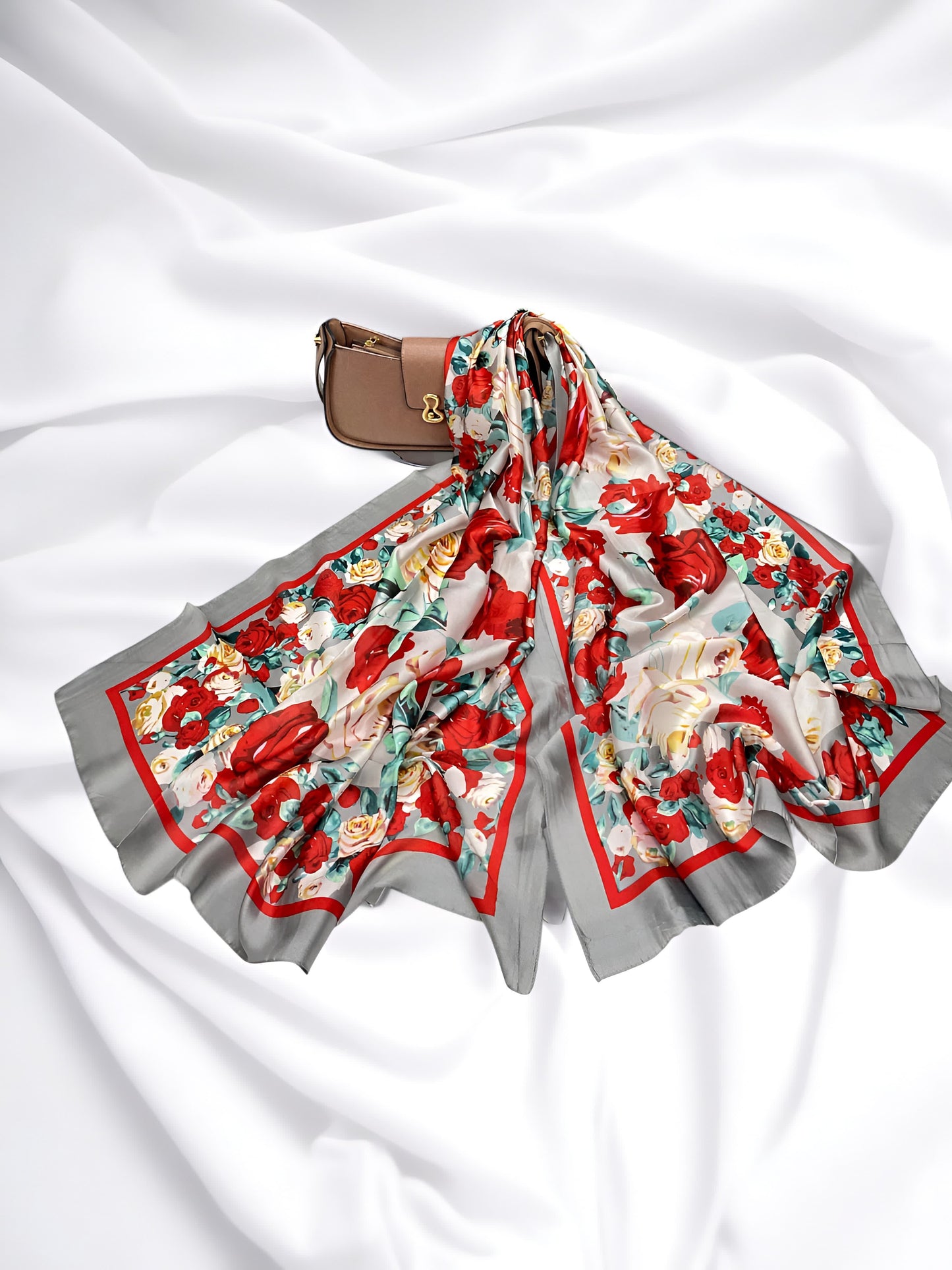 Large Satin Silk Scarf - Slate Floral