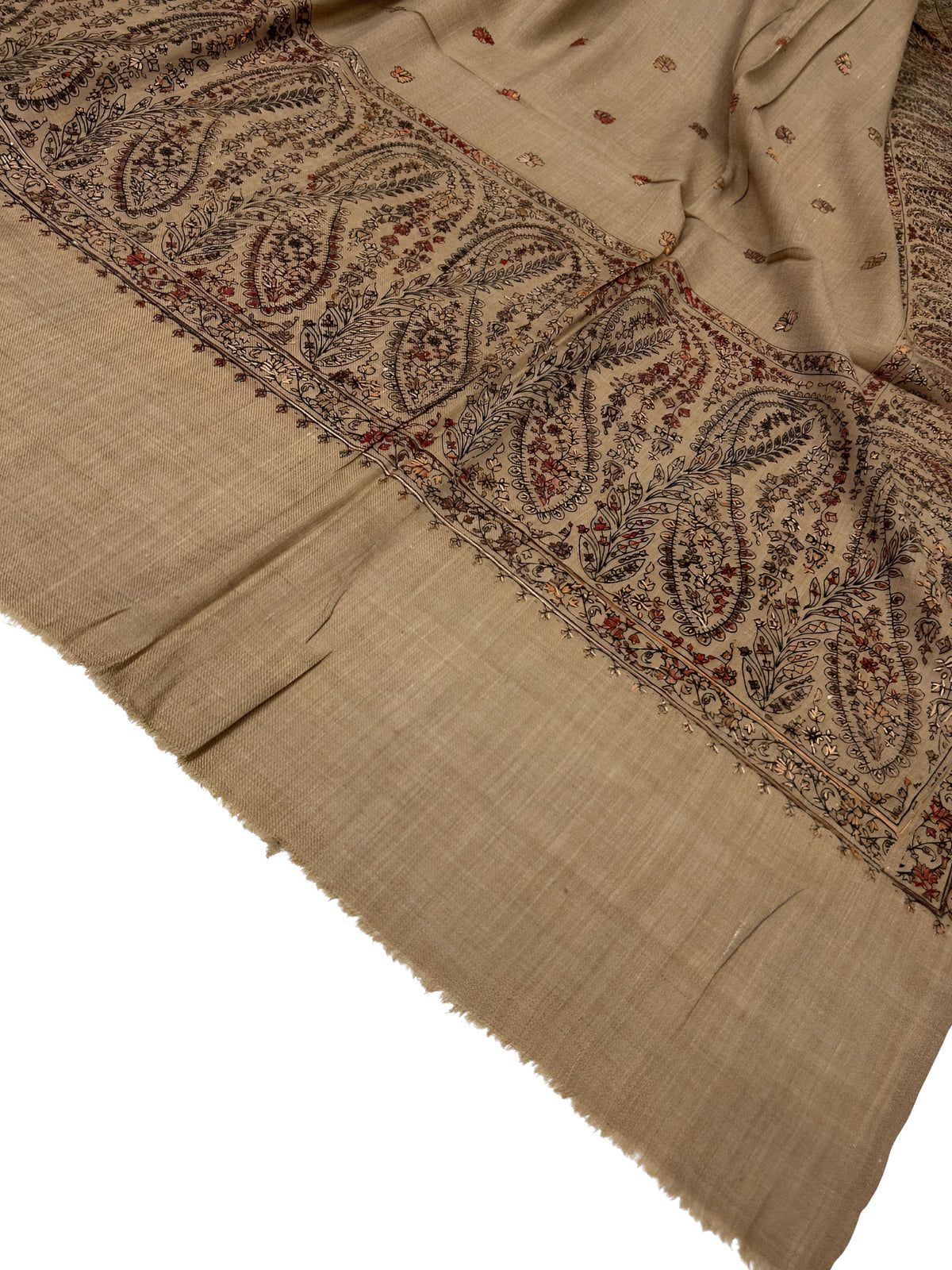 Khaki Maroon Multi - Hand Embroidered Paisley Kashmiri Shawl