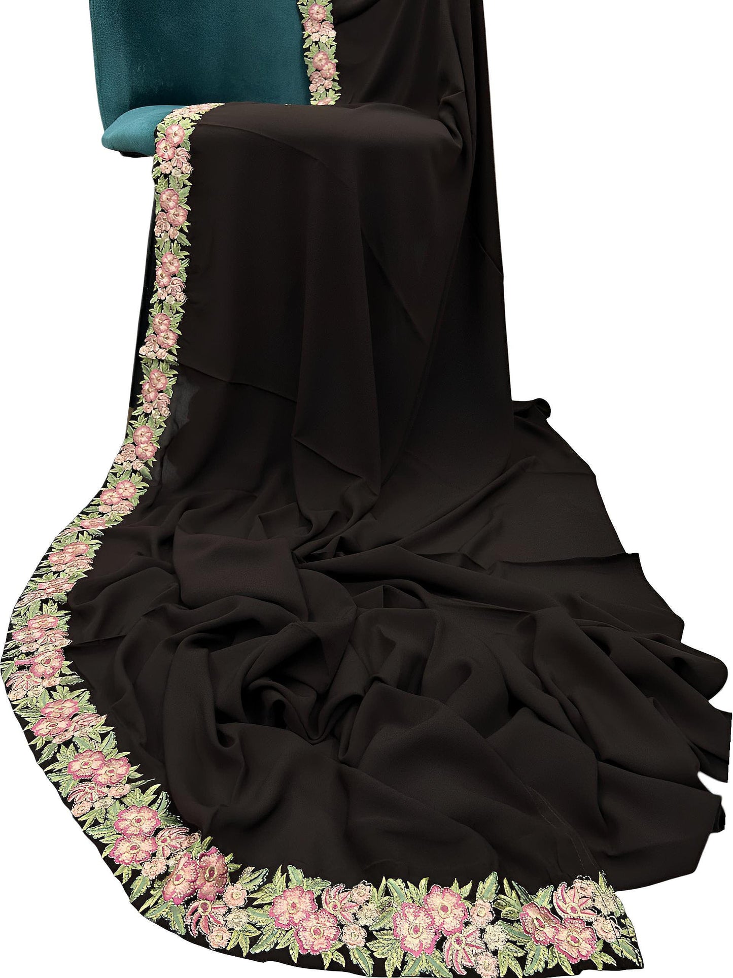 Luxury Umber Brown Floral Border Korean Shaal