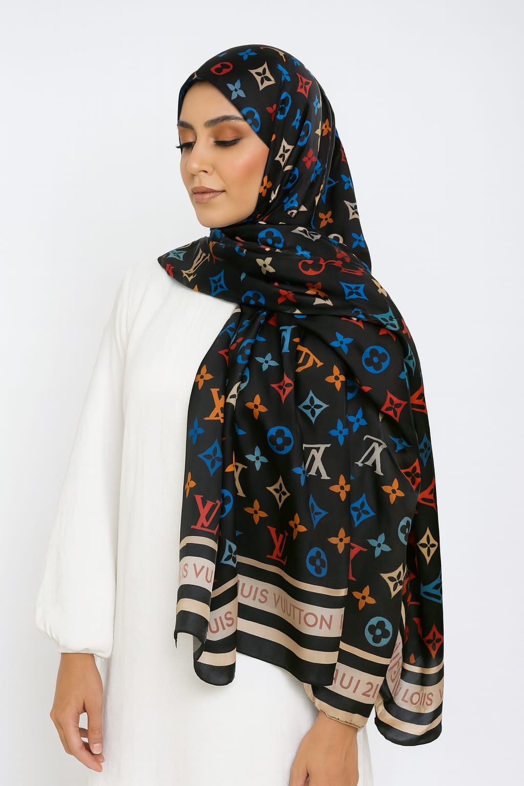 Large Satin Silk Scarf - Black Alpha LV