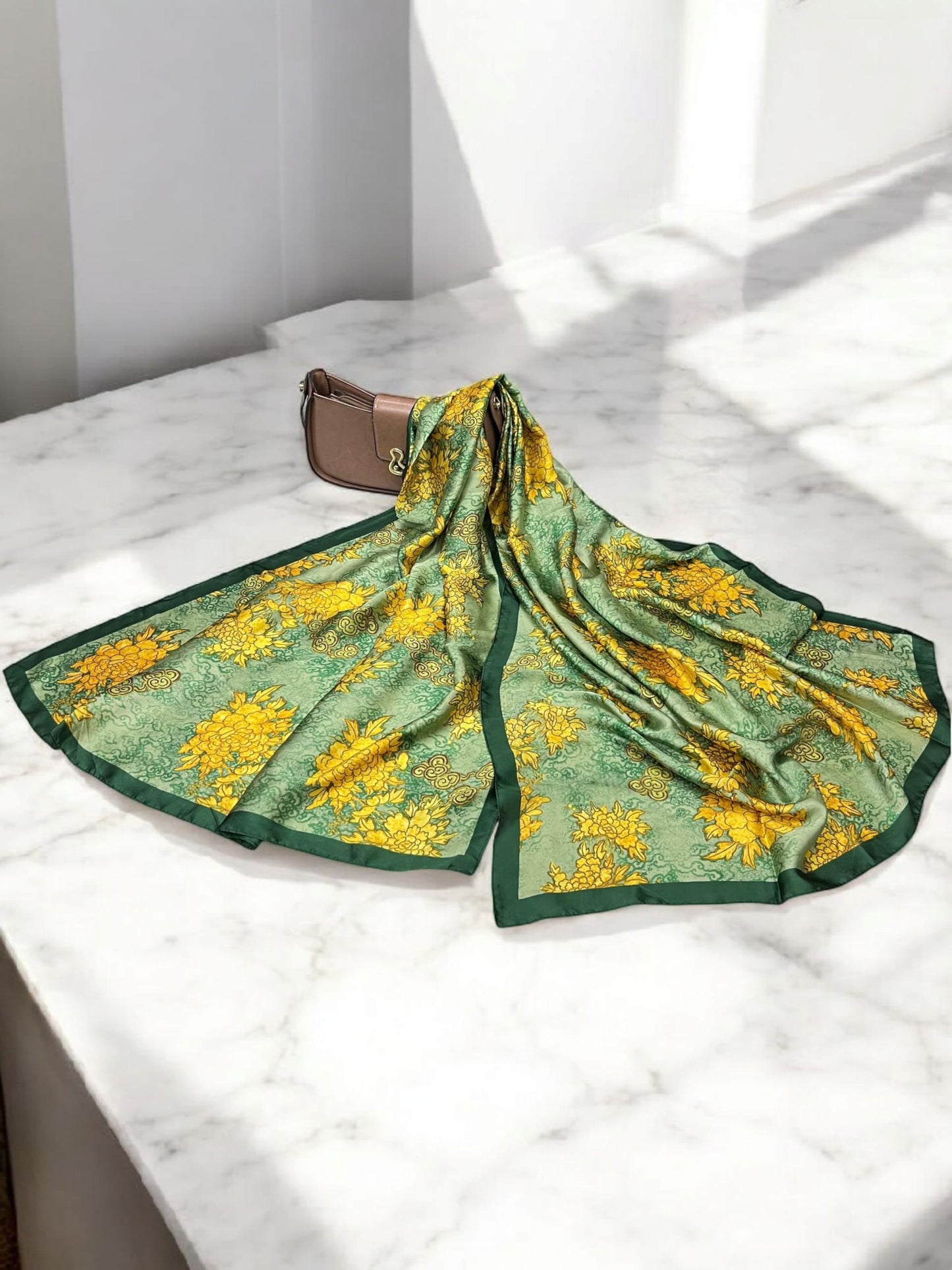 Large Satin Silk Scarf - Mint Green Yellow Floral