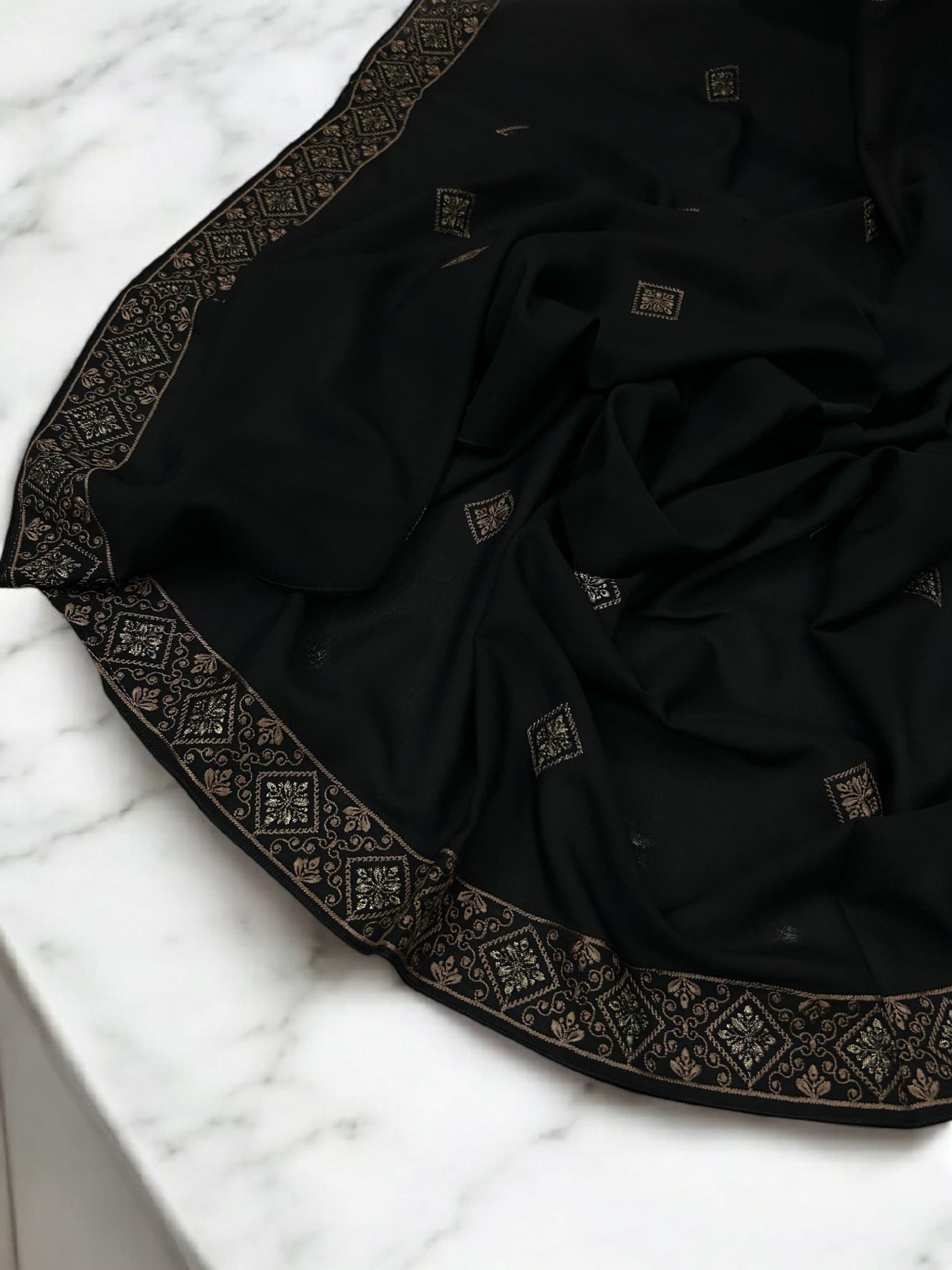 Black Brown Squares Threadwork Embroidered Border Shaal