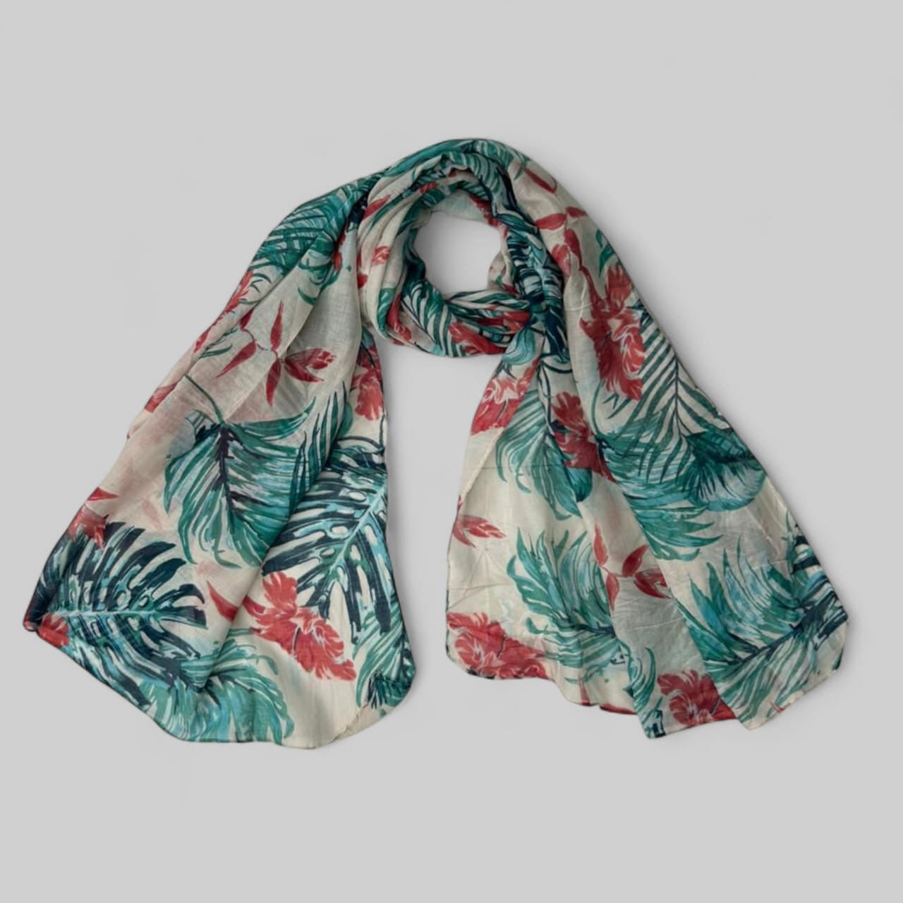 Beige Green Leaves Printed Lawn Hijab