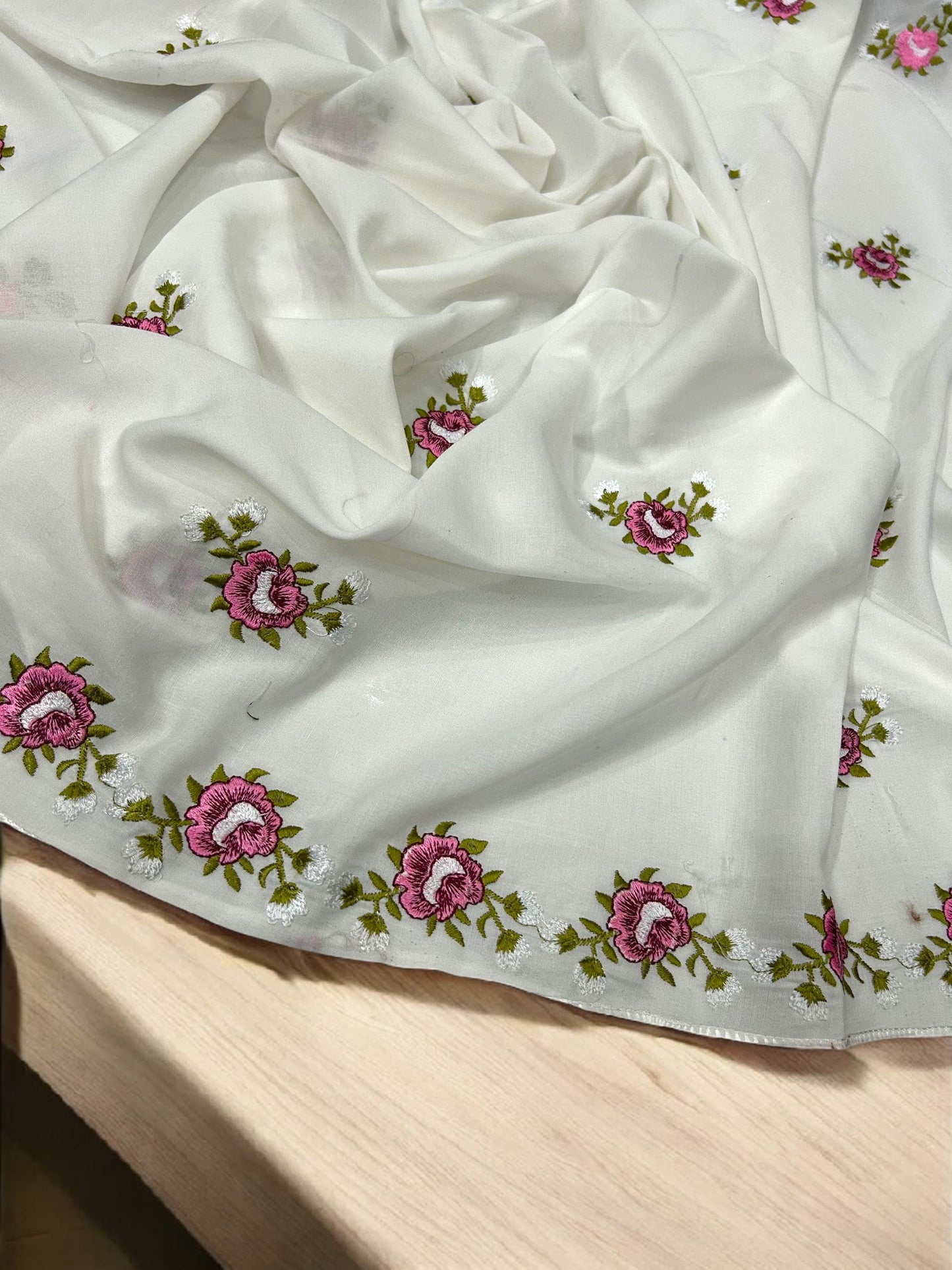 White Pink Floral Garden Embroidered Shaal