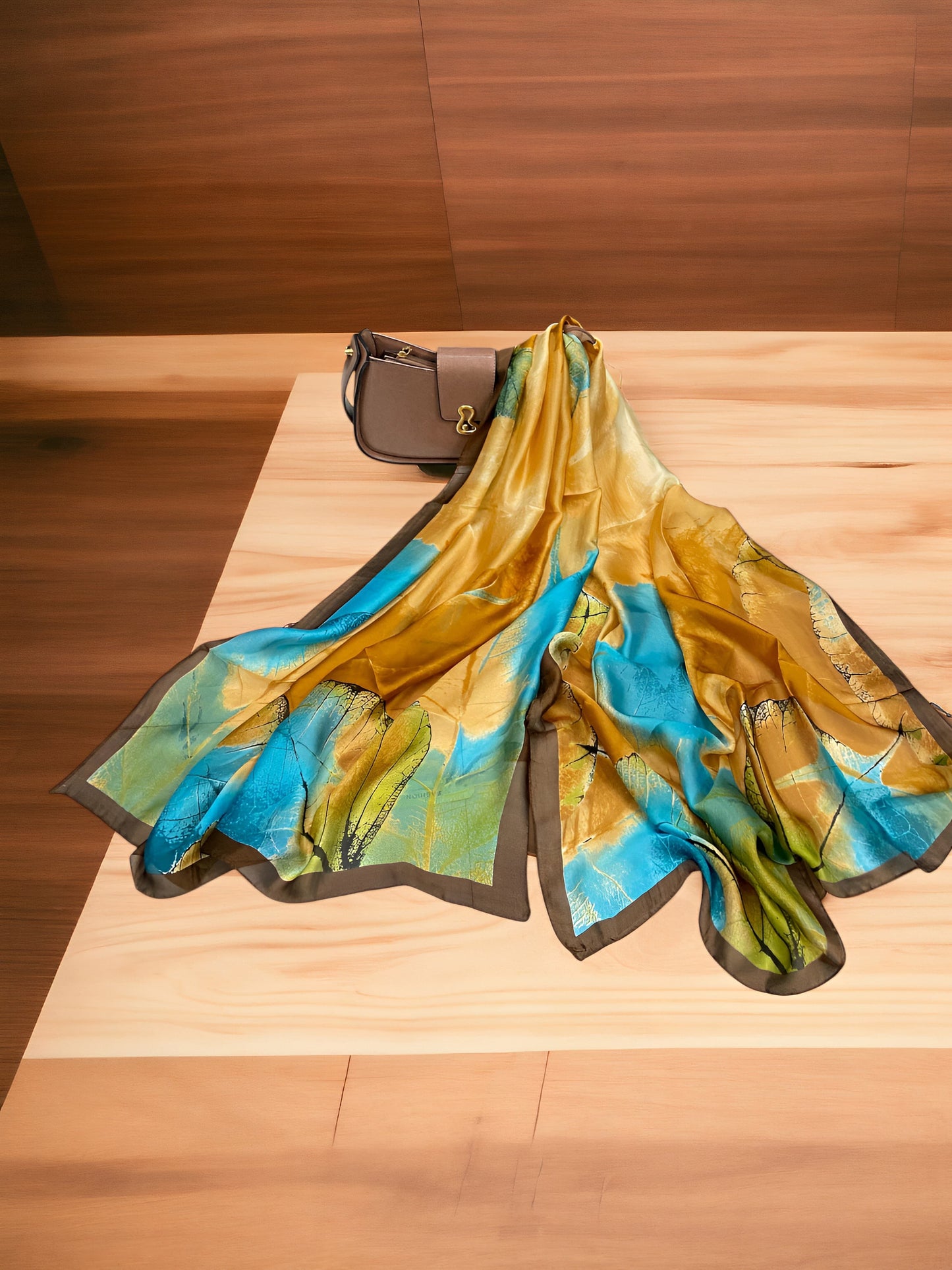Large Satin Silk Scarf - Abstract Brown