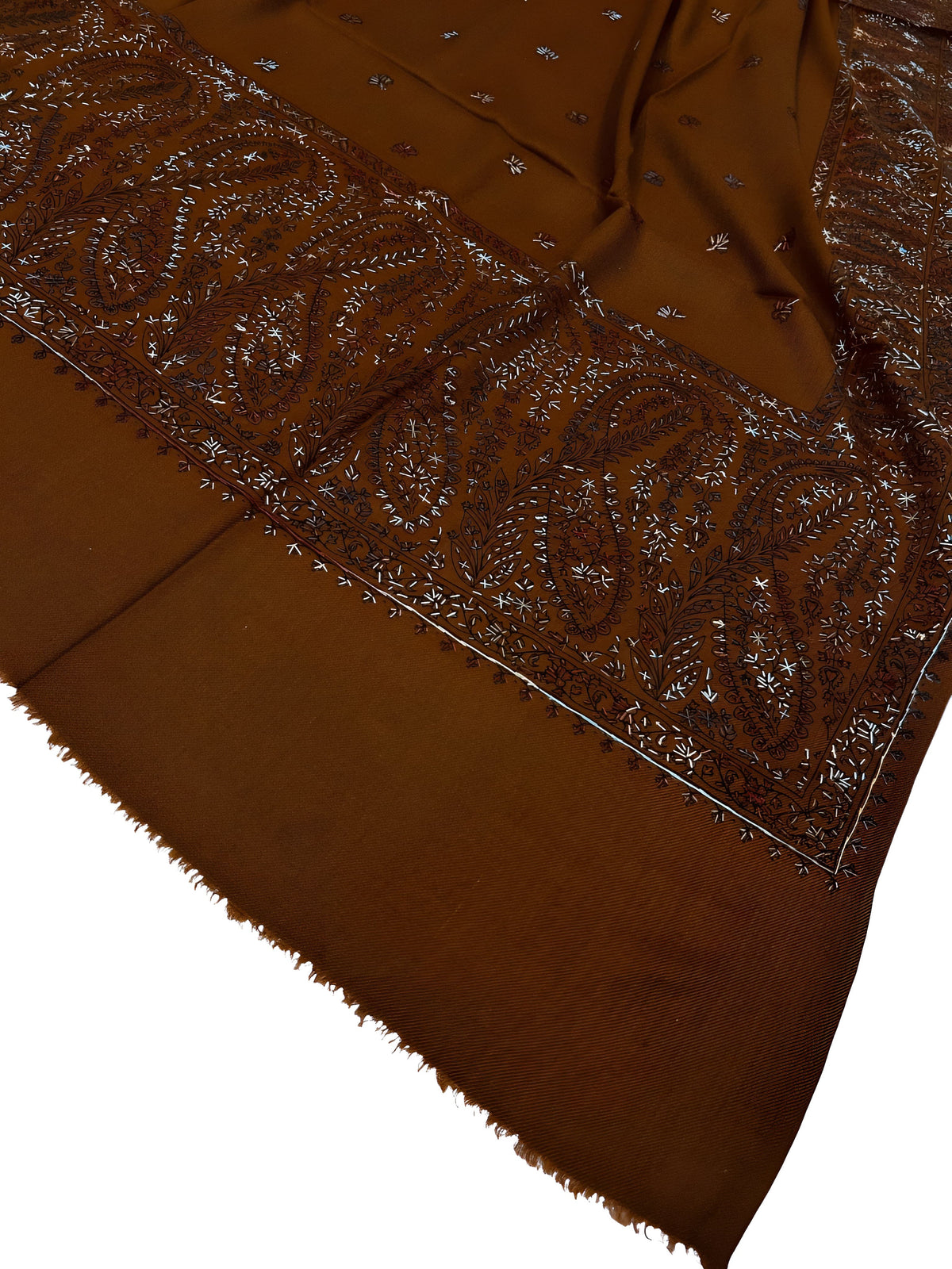 Rust White - Hand Embroidered Paisley Kashmiri Shawl