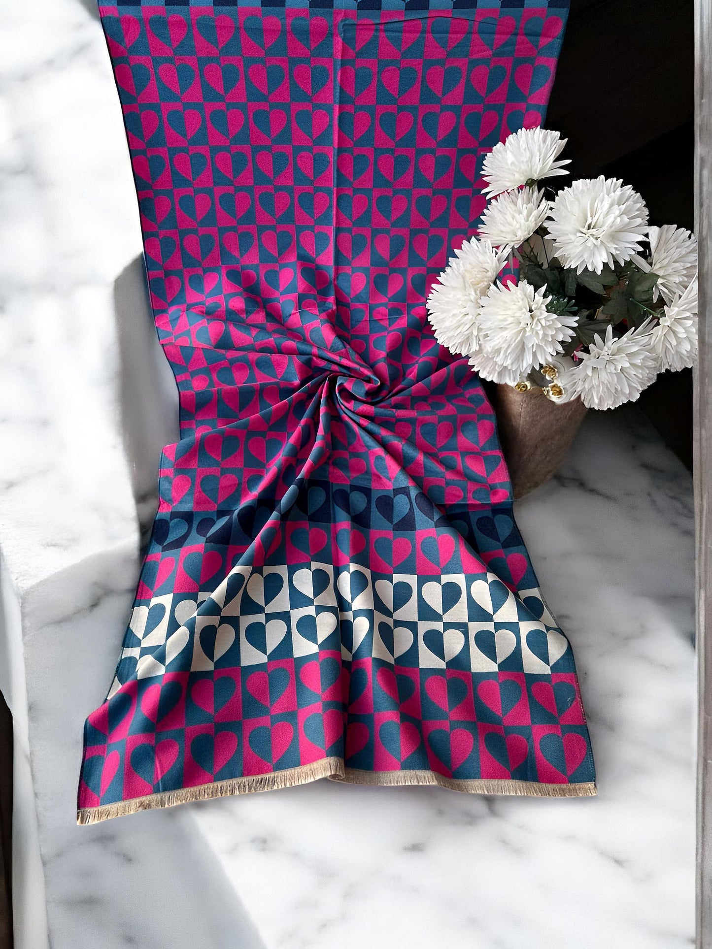 Luxury Branded Wool Scarf - Blue Pink Hearts