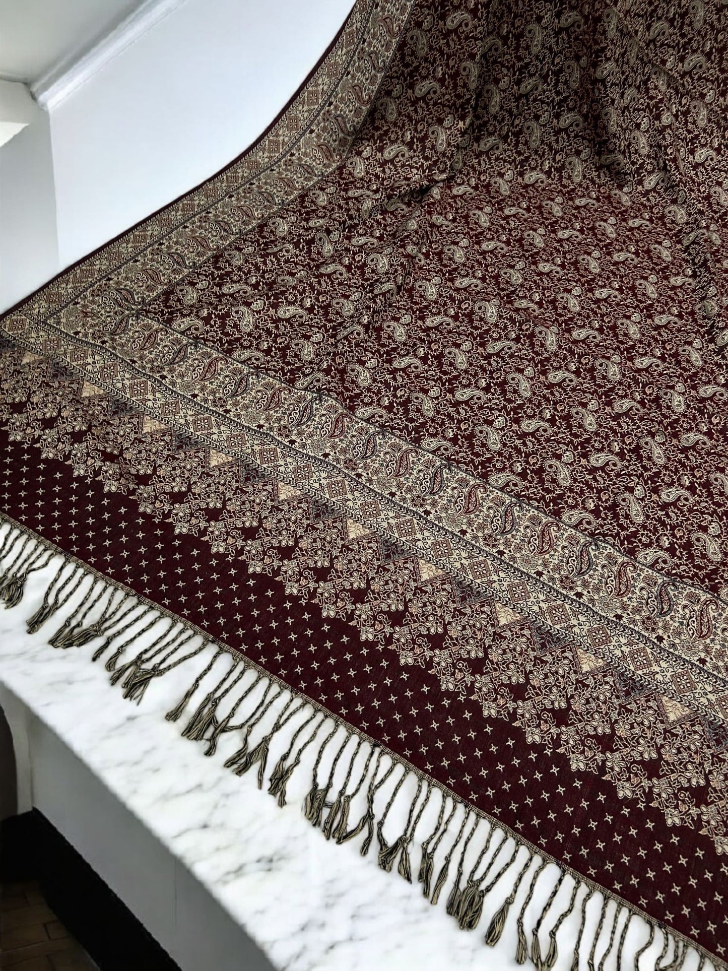 Threadwork Paisley Pashmina Shawl - Mahogany Beige
