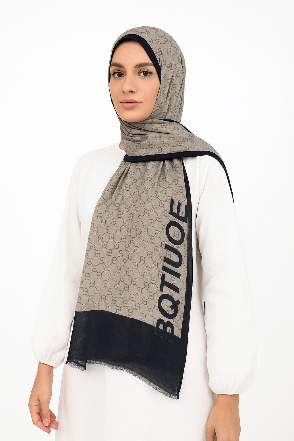 Branded Beige Black Printed Modal Hijab