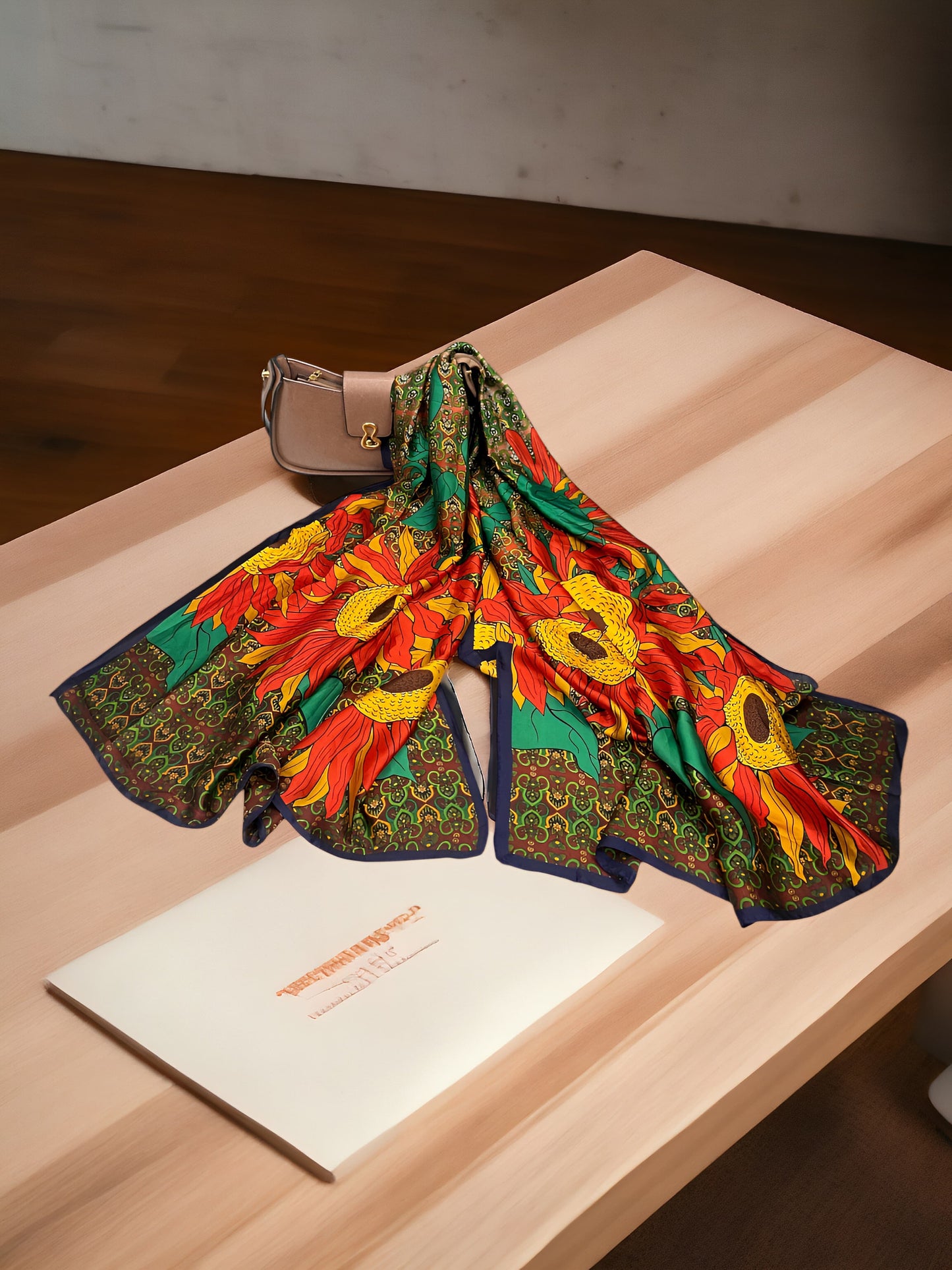 Large Satin Silk Scarf - Emerald Floral