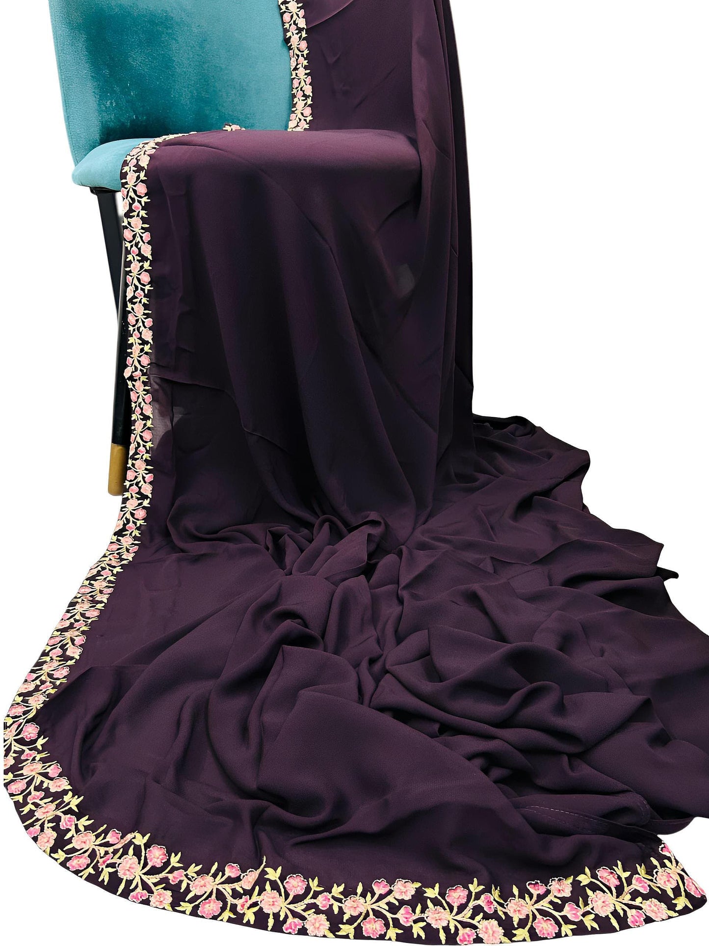 Luxury Aubergine Purple Floral Border Korean Shaal