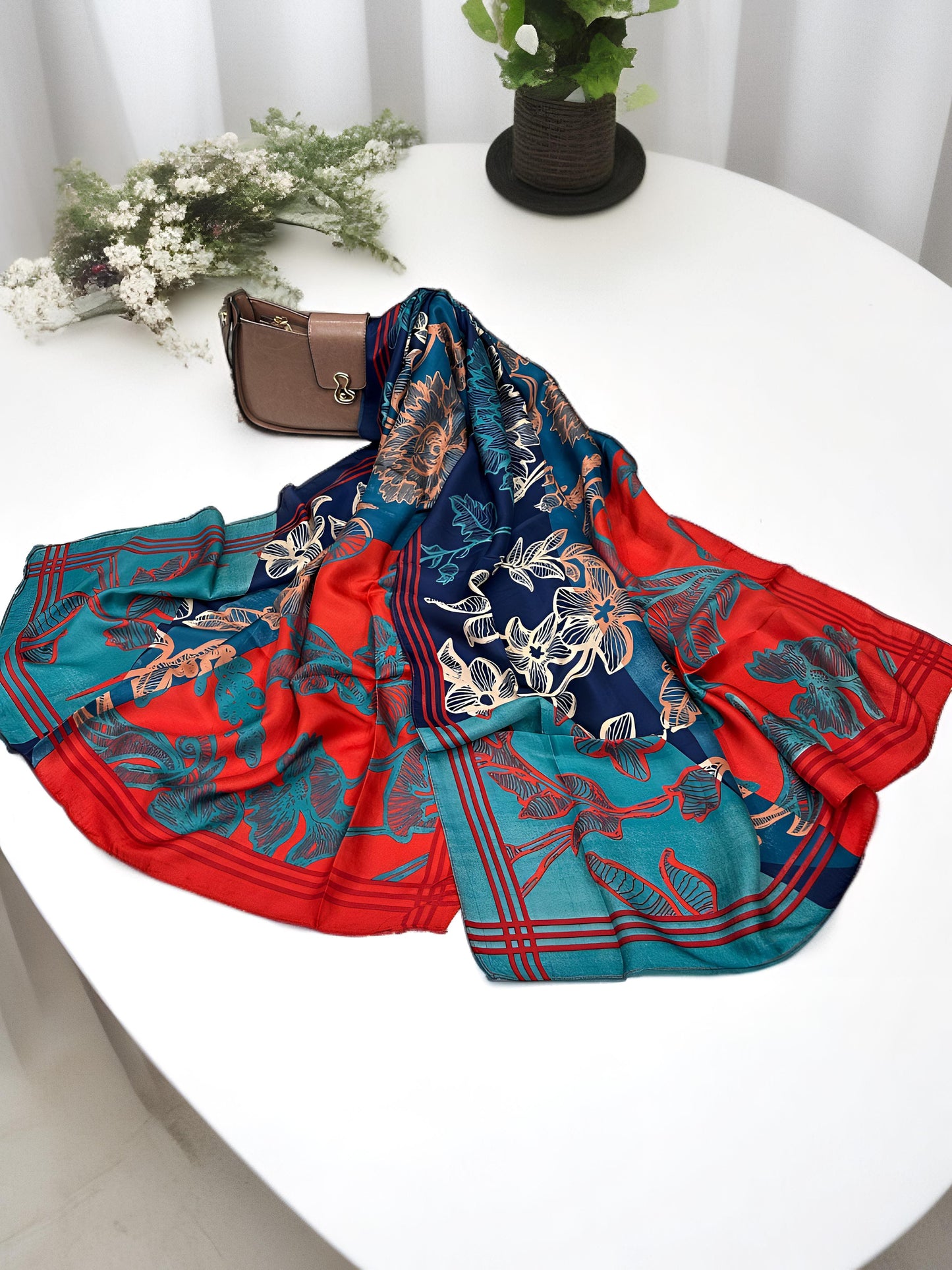 Large Satin Silk Scarf - Red Blue Floral