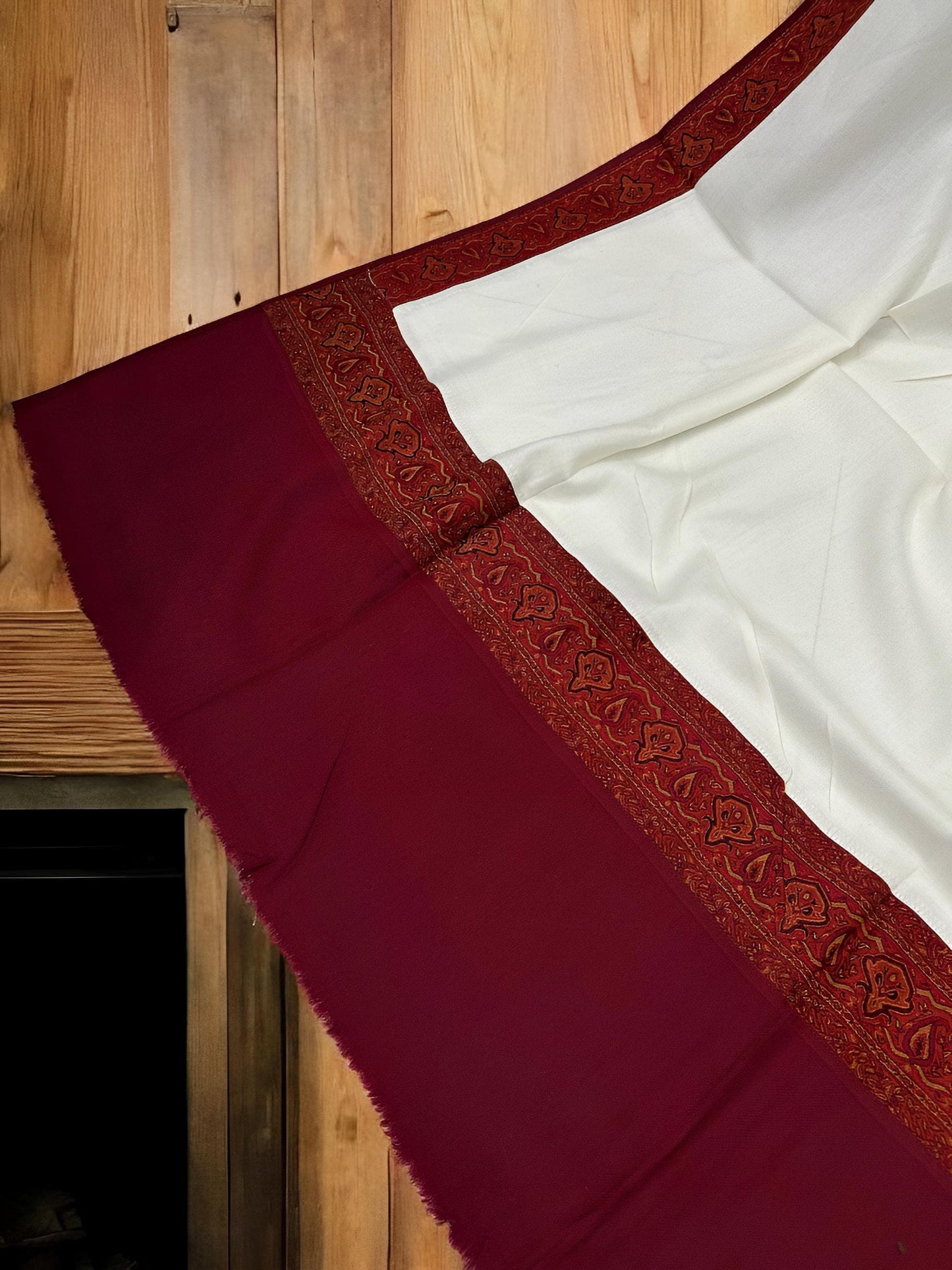 White Maroon Patchwork Border Shawl
