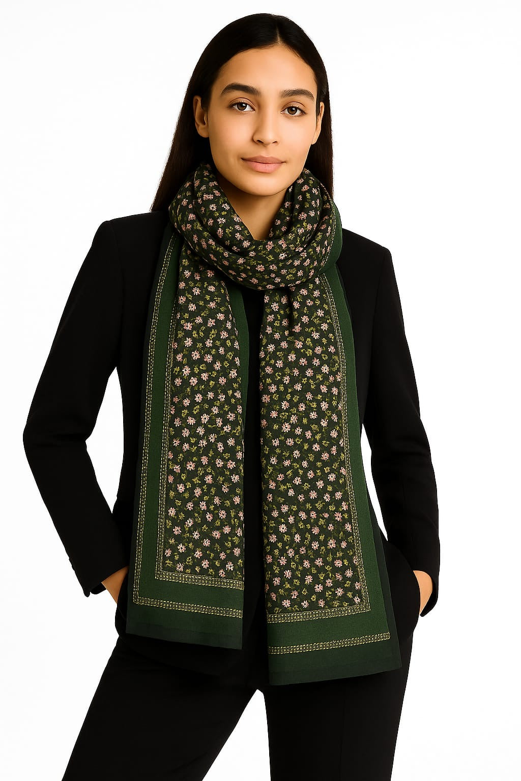 Printed Viscose Wool Hijab - Black Green Little Floral