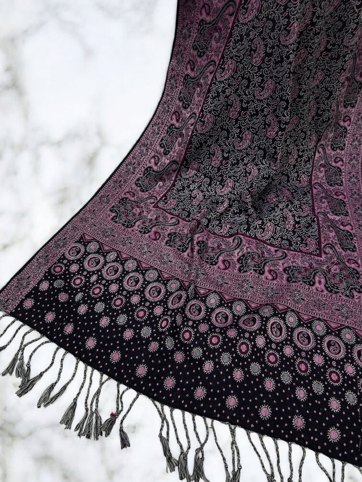 Black Candy Pink Silver Dotted Two-tone Paisley Pashmina Hijab