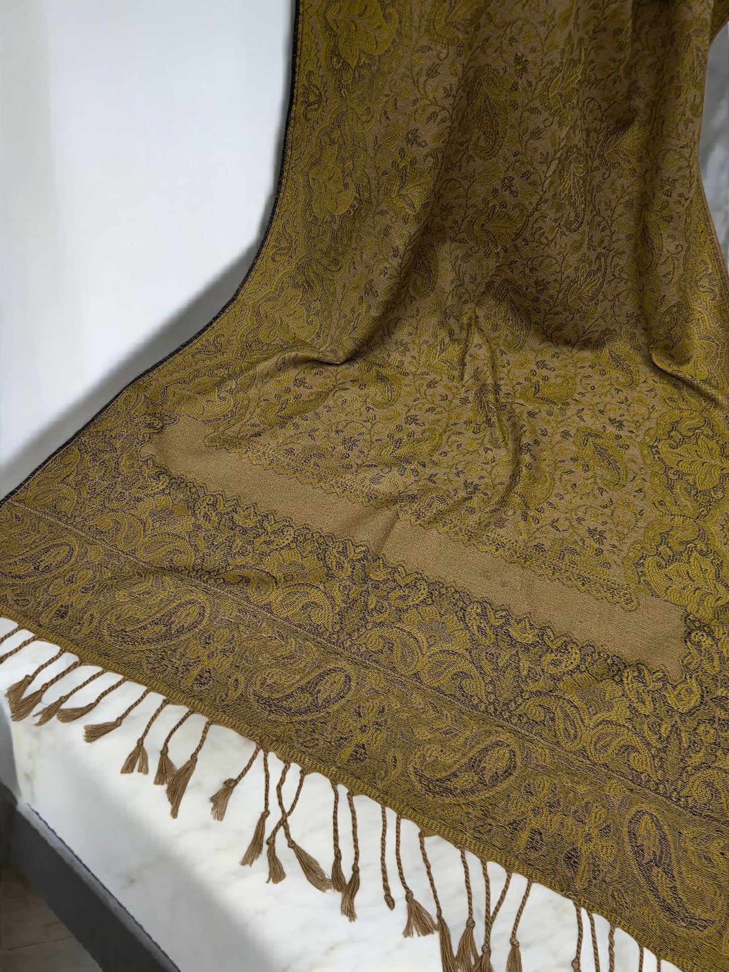Beige Pear Green Two-tone Paisley Pashmina Hijab