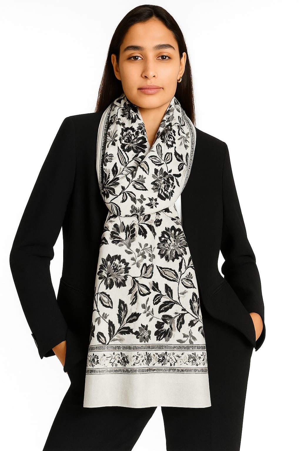 Printed Viscose Wool Hijab - White Grey Floral