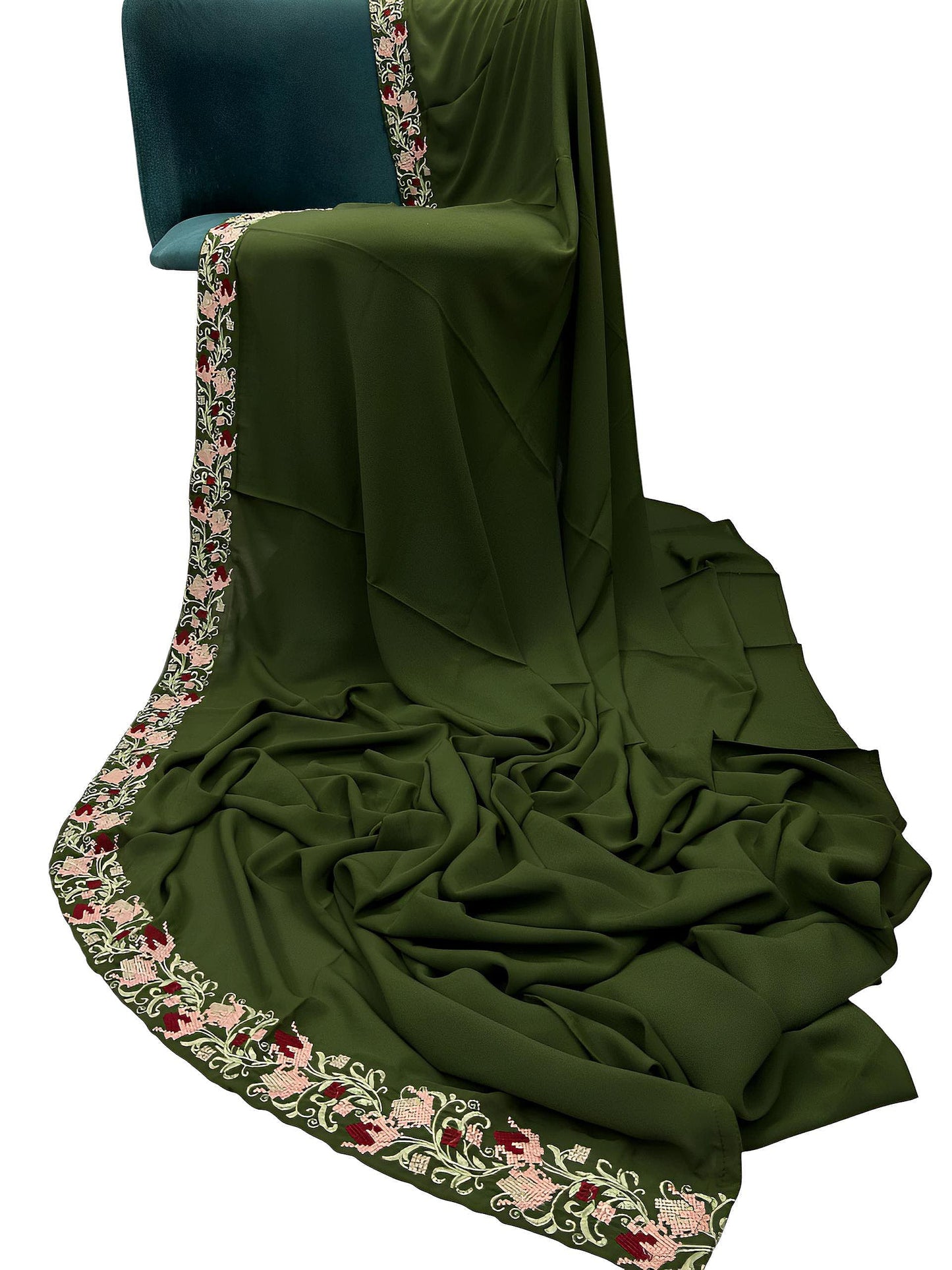 Luxury Moss Green Floral Border Korean Shaal