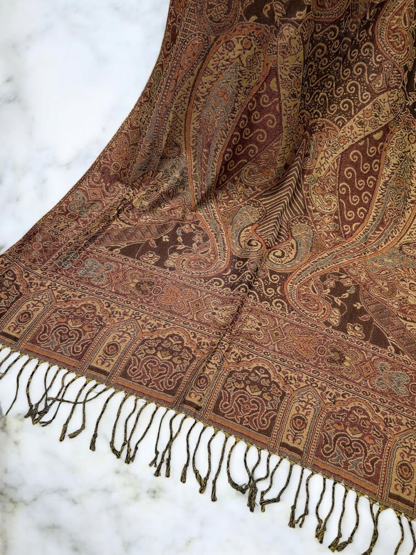 Brown Coral Peach Paisley Two-Tone Pashmina Hijab