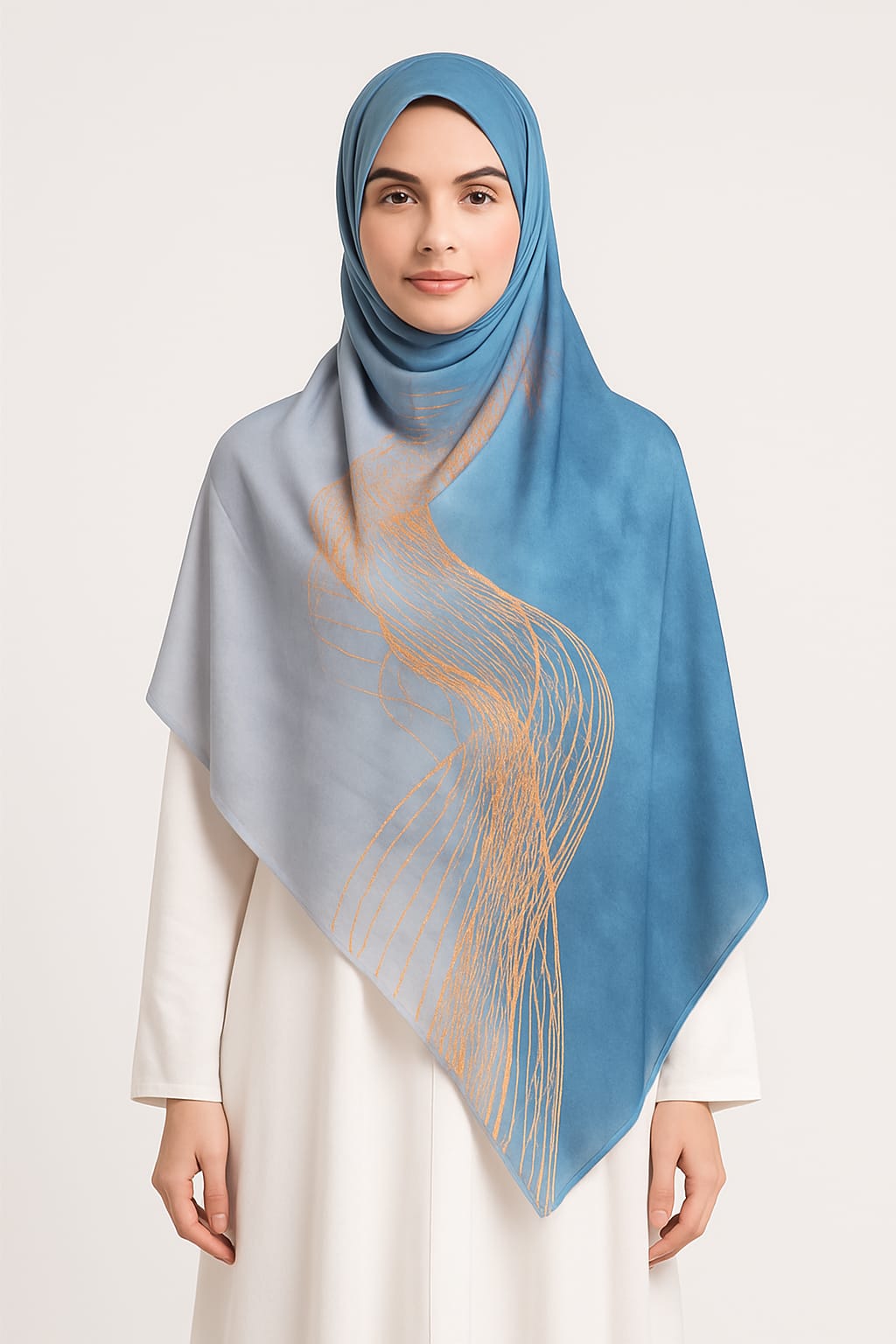 Large Satin Silk Scarf - Blue Cloudy Beige