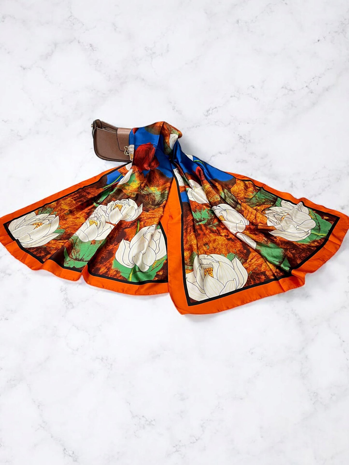 Large Satin Silk Scarf - Tangerine Cream Multi Floral