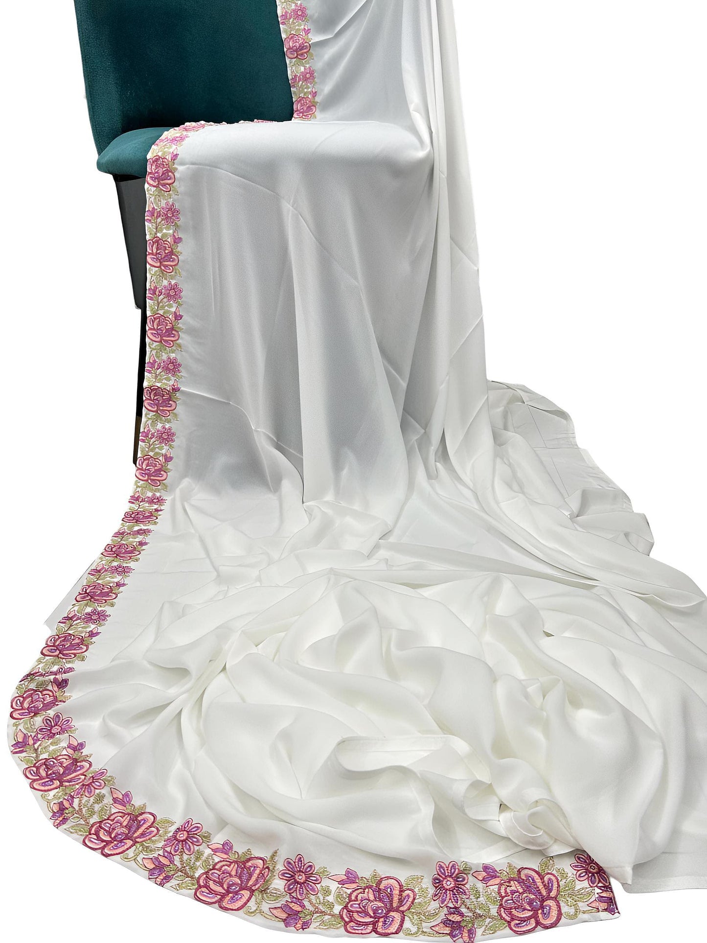 Luxury Pure White Floral Border Korean Shaal