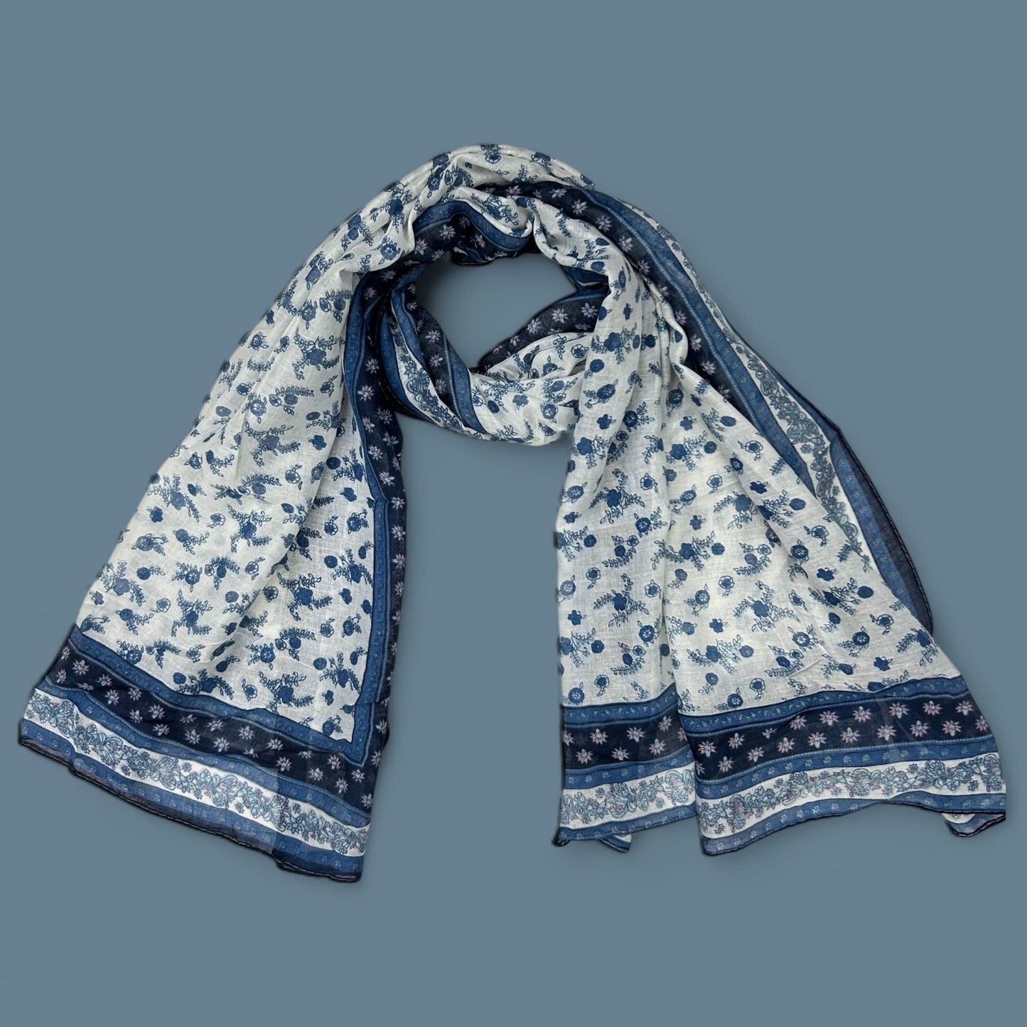 White Blue Floral Printed Lawn Tassel Hijab