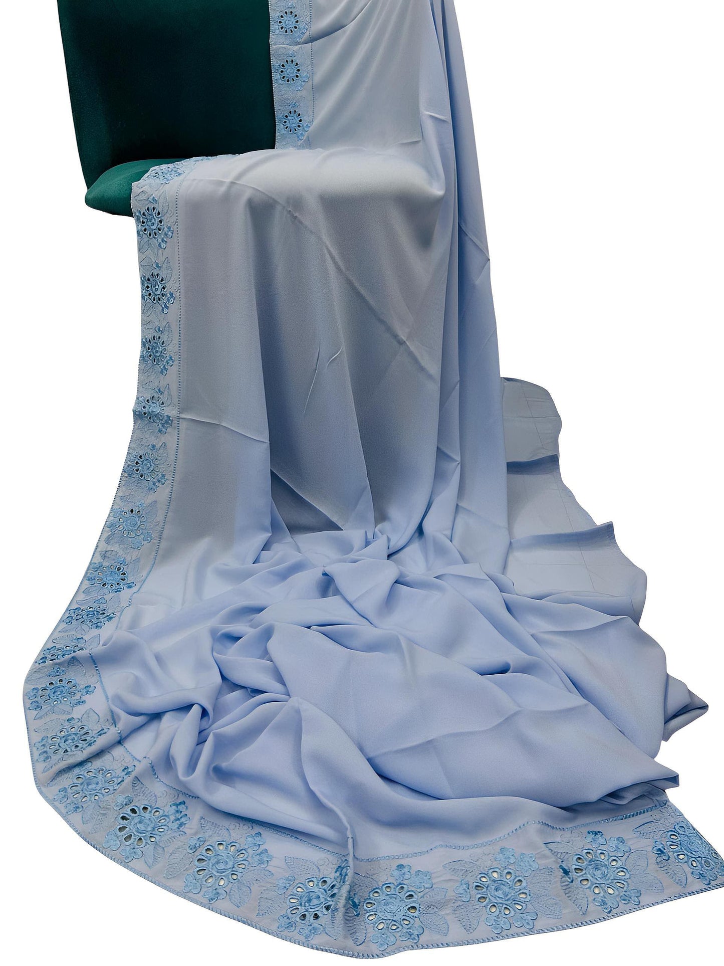 Luxury Light Blue Floral Mirrorwork Border Korean Shaal