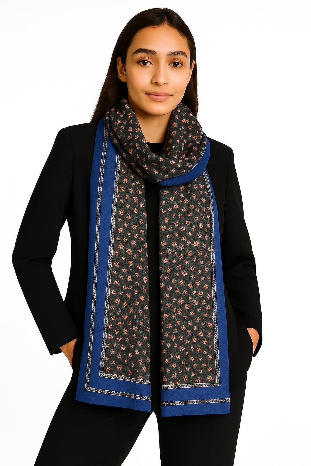 Printed Viscose Wool Hijab - Black Blue Little Floral