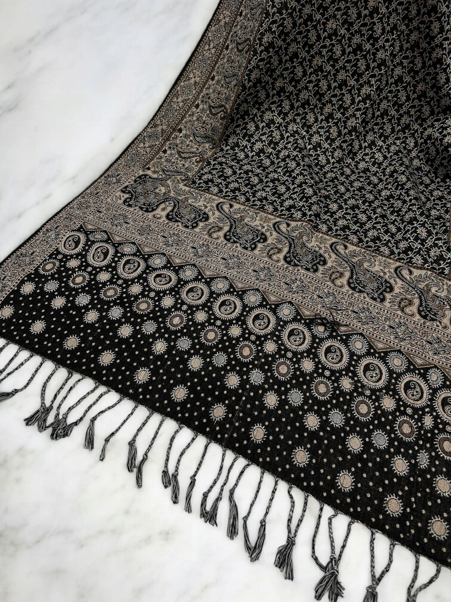Black Beige Silver dotted two-tone Paisley Pashmina Hijab