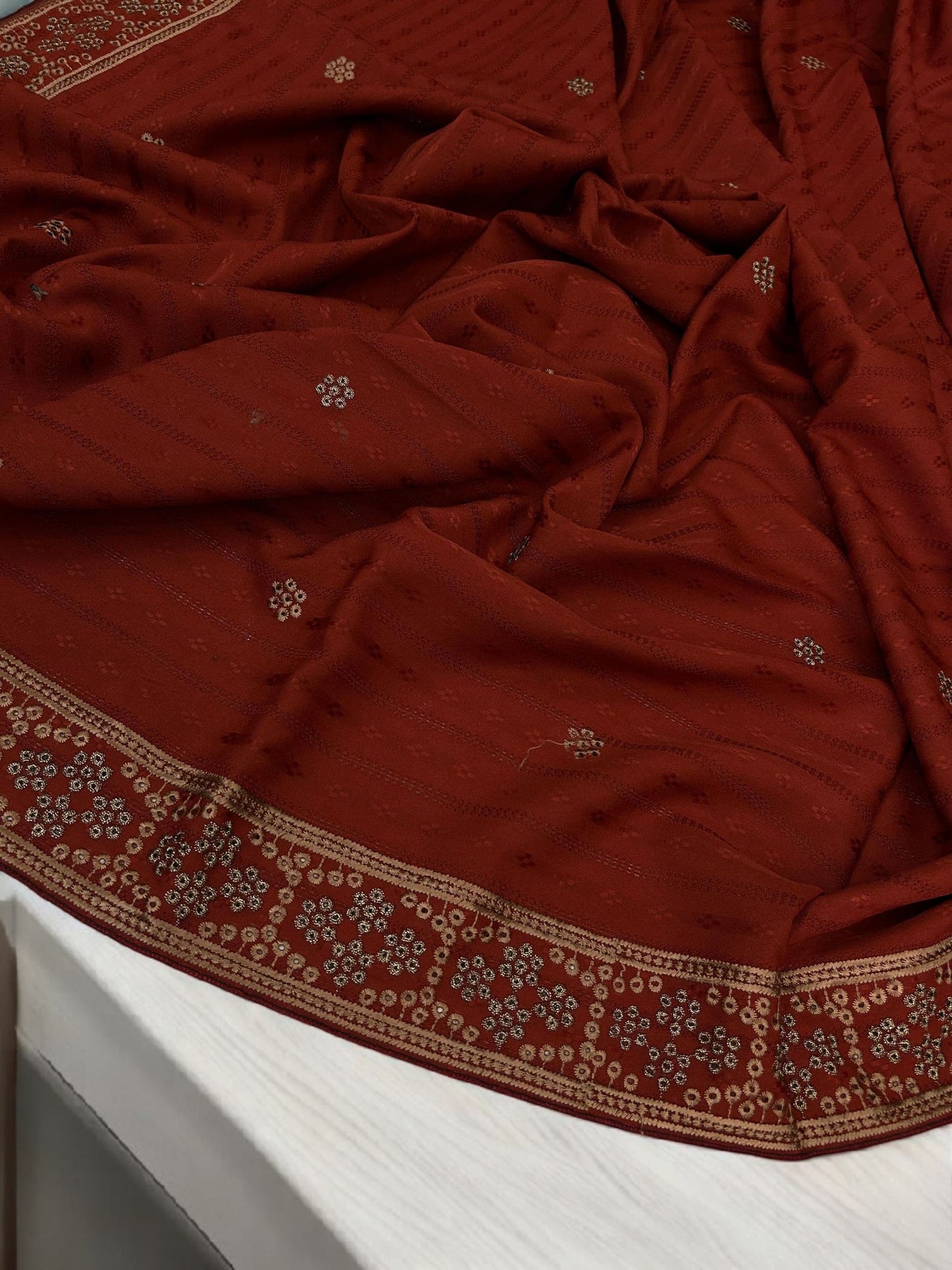 Rust Beige Honeycomb Fancy Self Embroidered Shaal