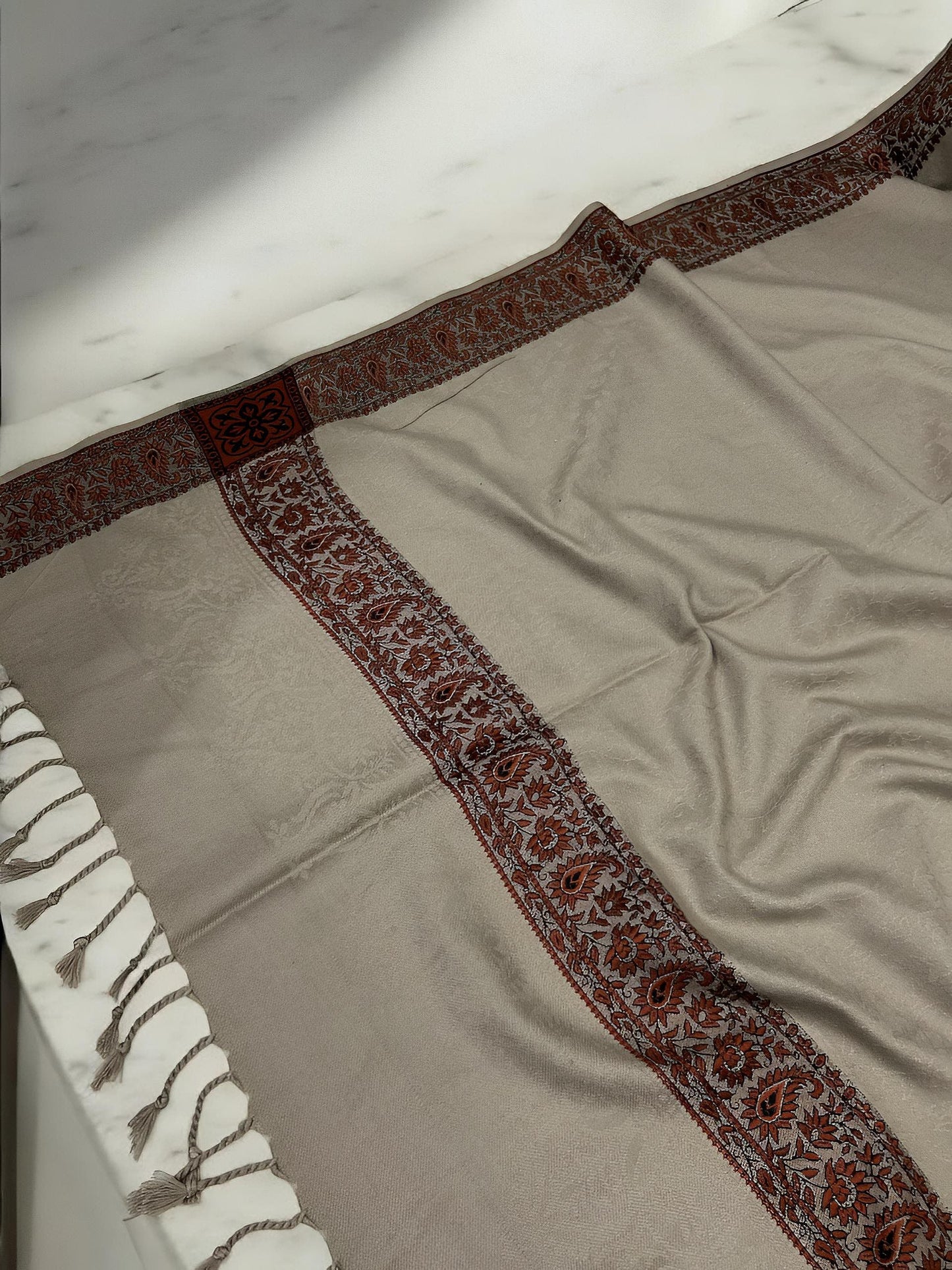 Sand Brown Rust Embossed Patchwork Border Shawl