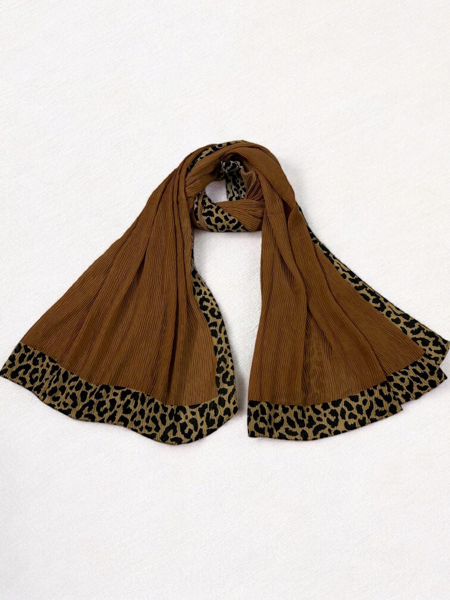 Toffee Beige Leopard Border Printed Pleated Modal Hijab