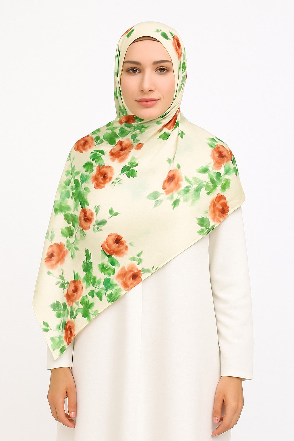 Large Satin Silk Scarf - Cornsilk Leaves